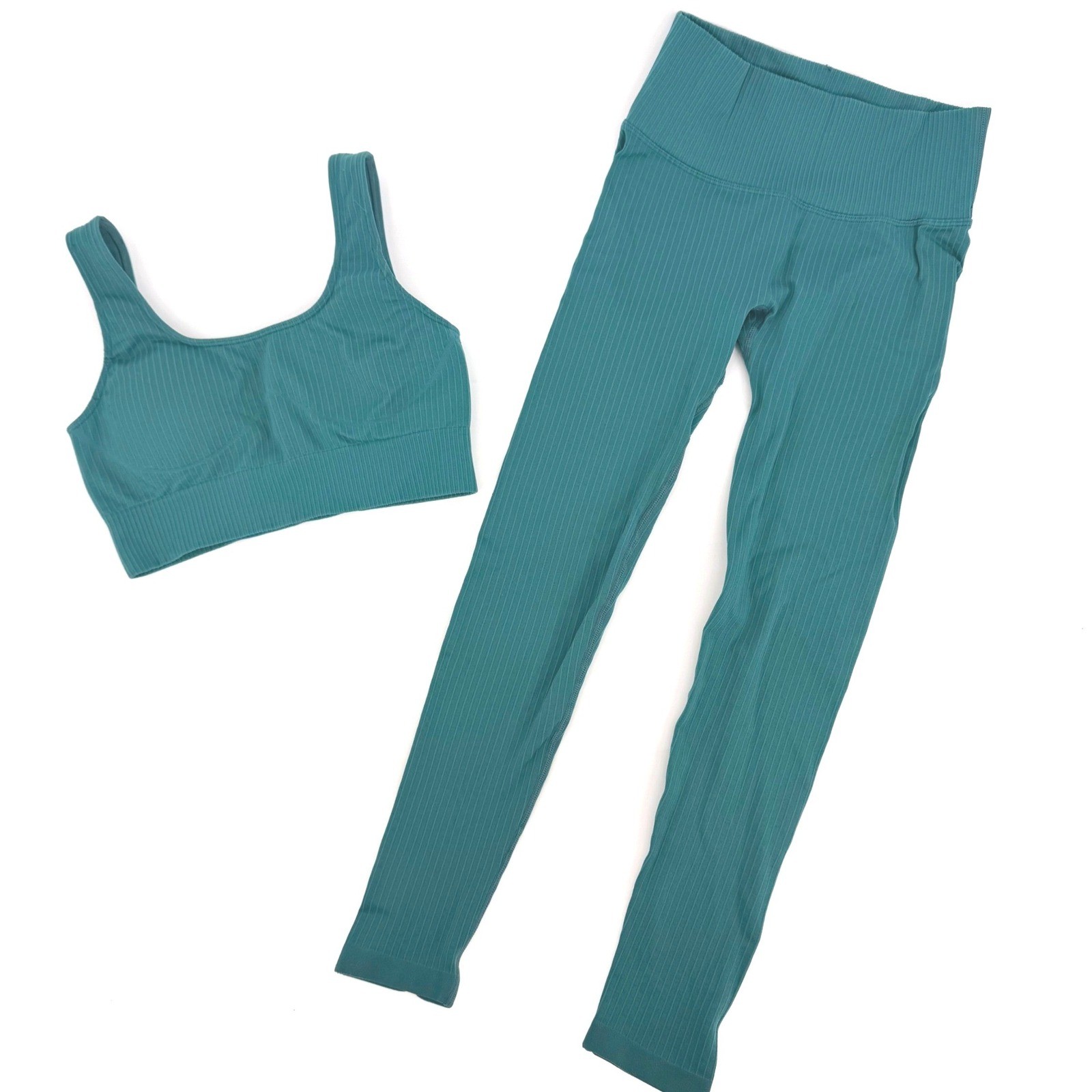 PrettyLittleThing Ribbed Activewear Set Teal Green Sports Bra Leggings Small