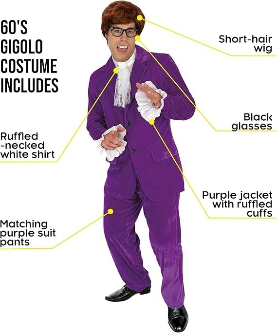 Men`s 60s Austin Powers Costume + Wig Glasses Adult Purple Gigolo Suit M – XL