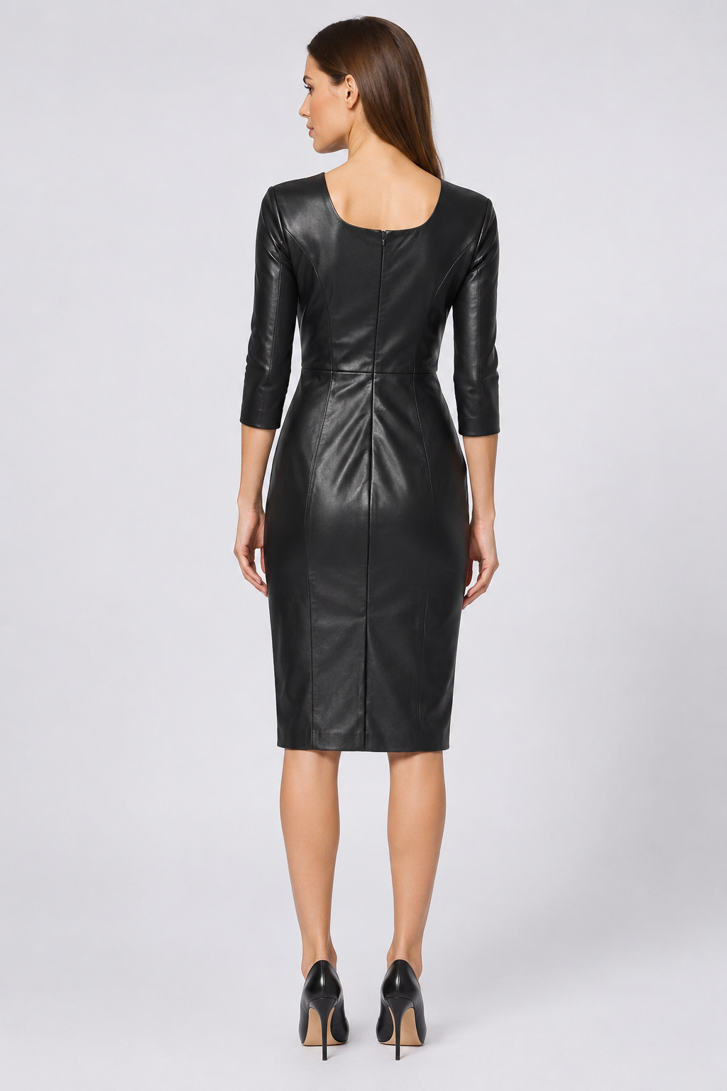 Women’s Genuine Lambskin Leather Midi Dress | Black 3/4 Sleeve Bodycon Dress
