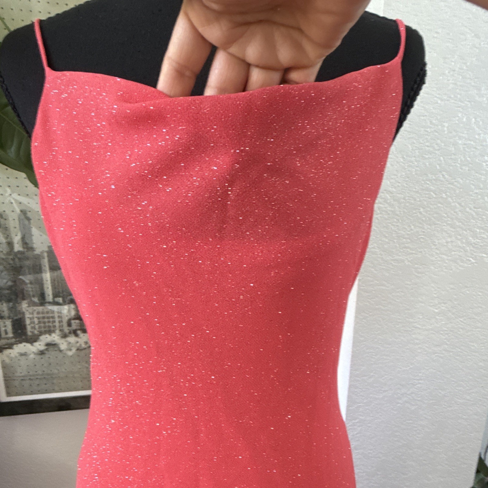 BeSmart Women’s Pink Glitter Spaghetti Strap Cowl Neck Long Dress 5/6