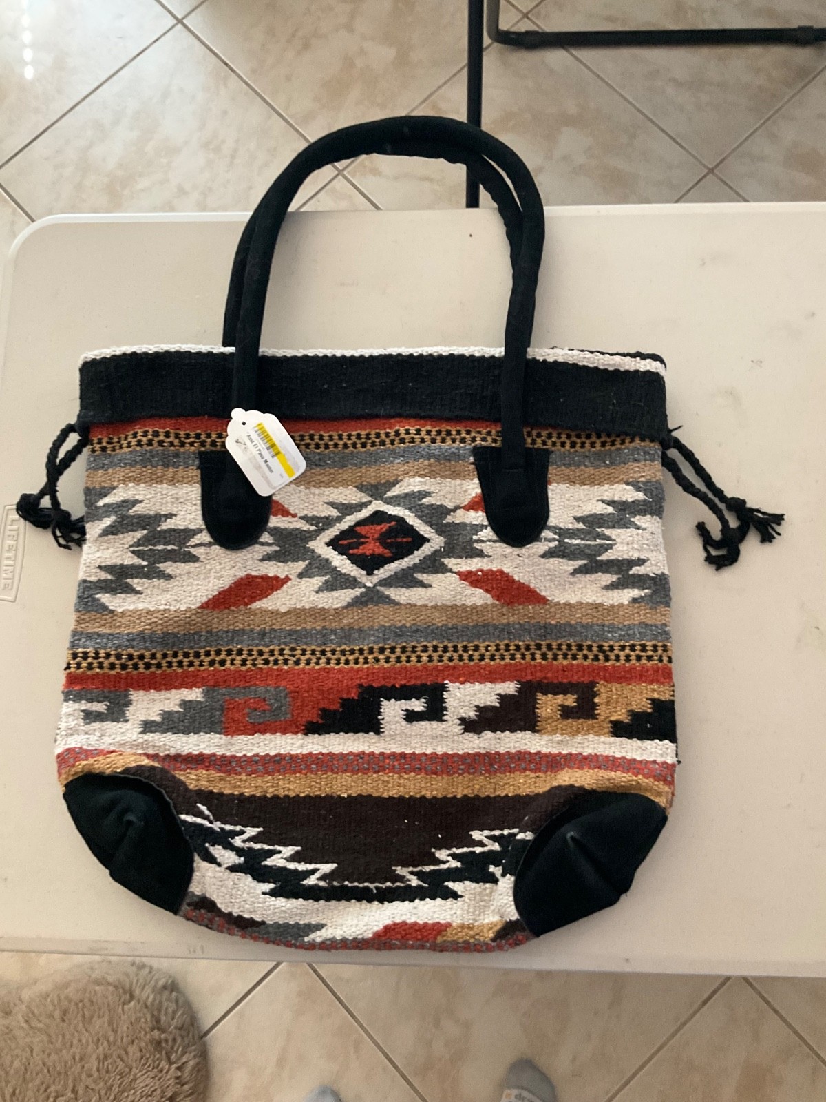 EL PASO SADDLE BLANKET CO. Wool & Leather Tribal Woven Blanket Tote Bag