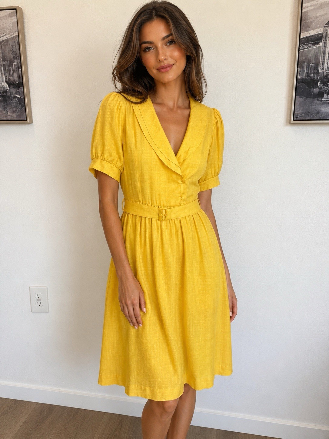 Breli Yellow Linen V-Neck Button Front Belted Puff Sleeve A-Line Dress S