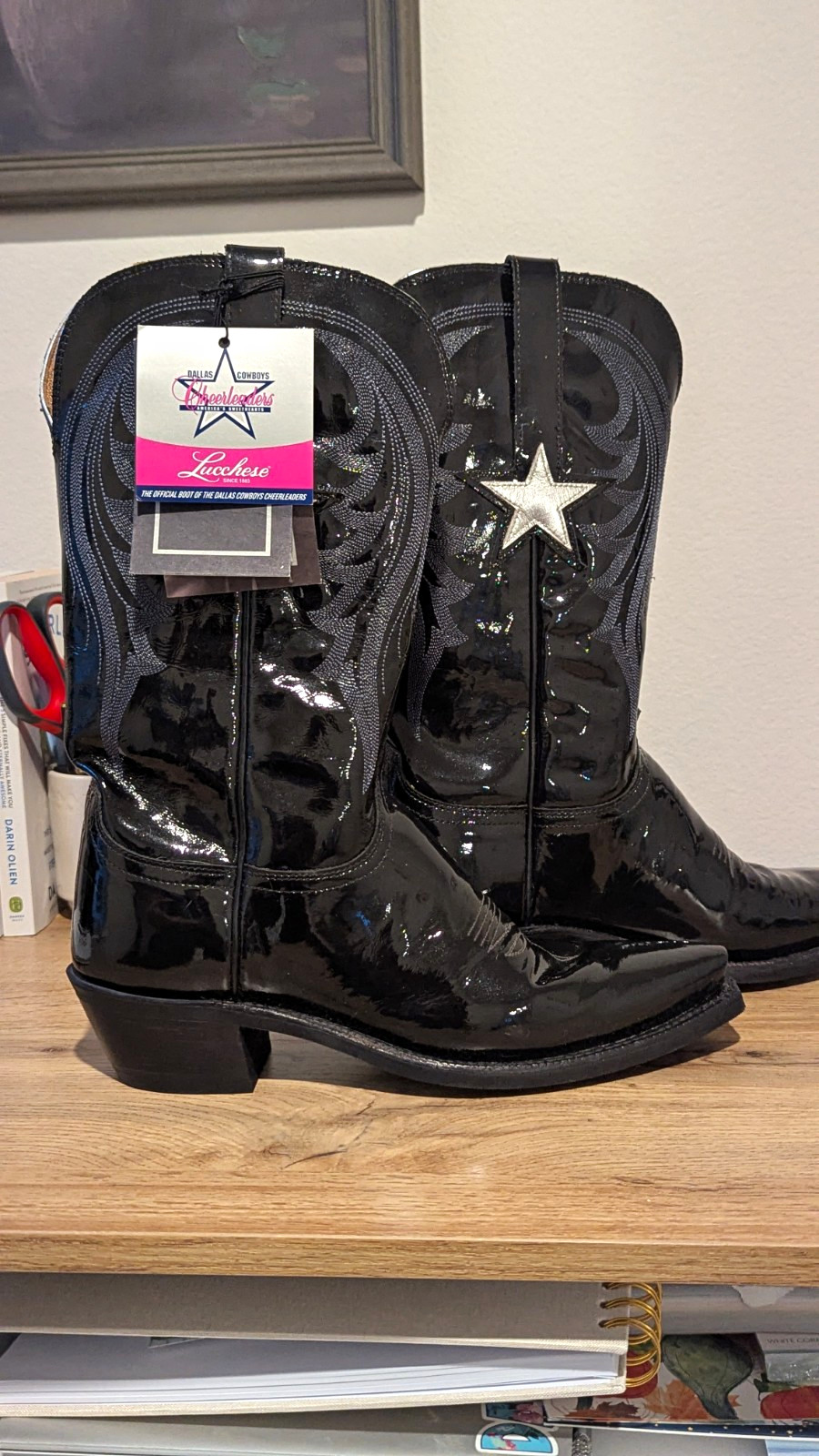 Lucchese Dallas Cowboys Black Patent Leather Western Boots Star Inlay Women’s 9C