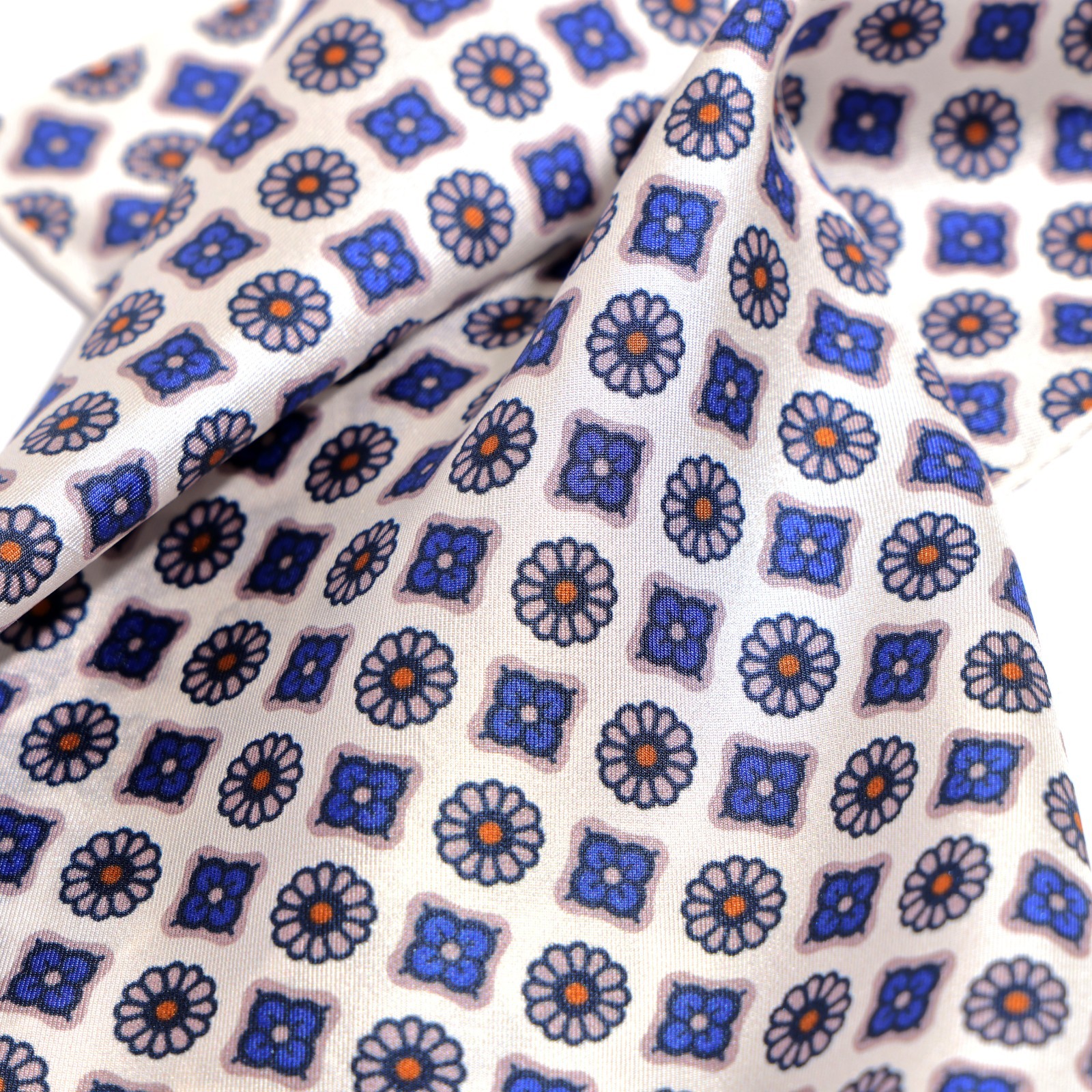 Men’s 100% Silk White Blue Micro Floral Pocket Square Hand Rolled Wedding 11.8″