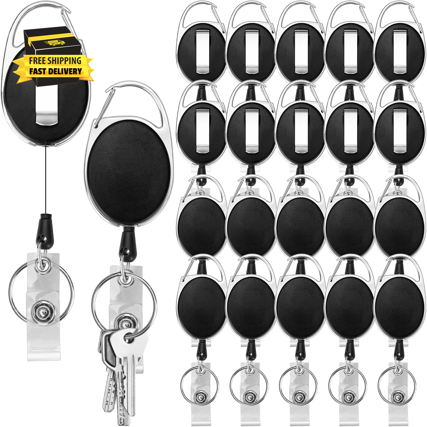 -Usa – Retractable Badge Reels – 4.3X1.3 Inch, 20 Pack – Heavy Duty Black Bulk R