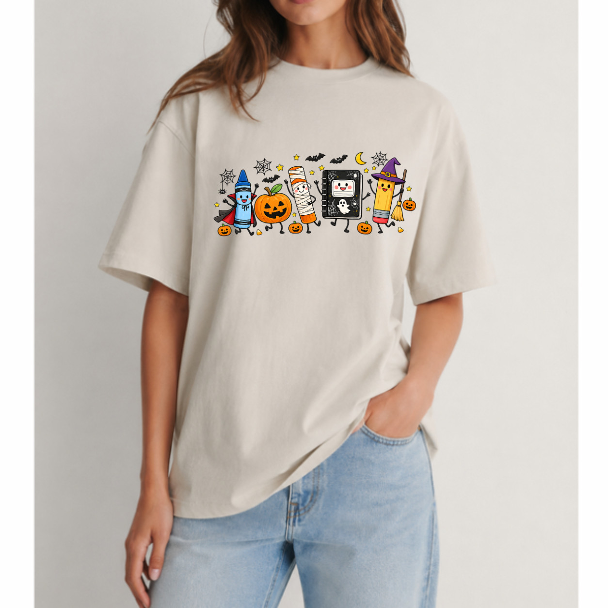 Spooky Teacher T-Shirt Cute Halloween Crayon Pumpkin Pencil Ghost Graphic Tee