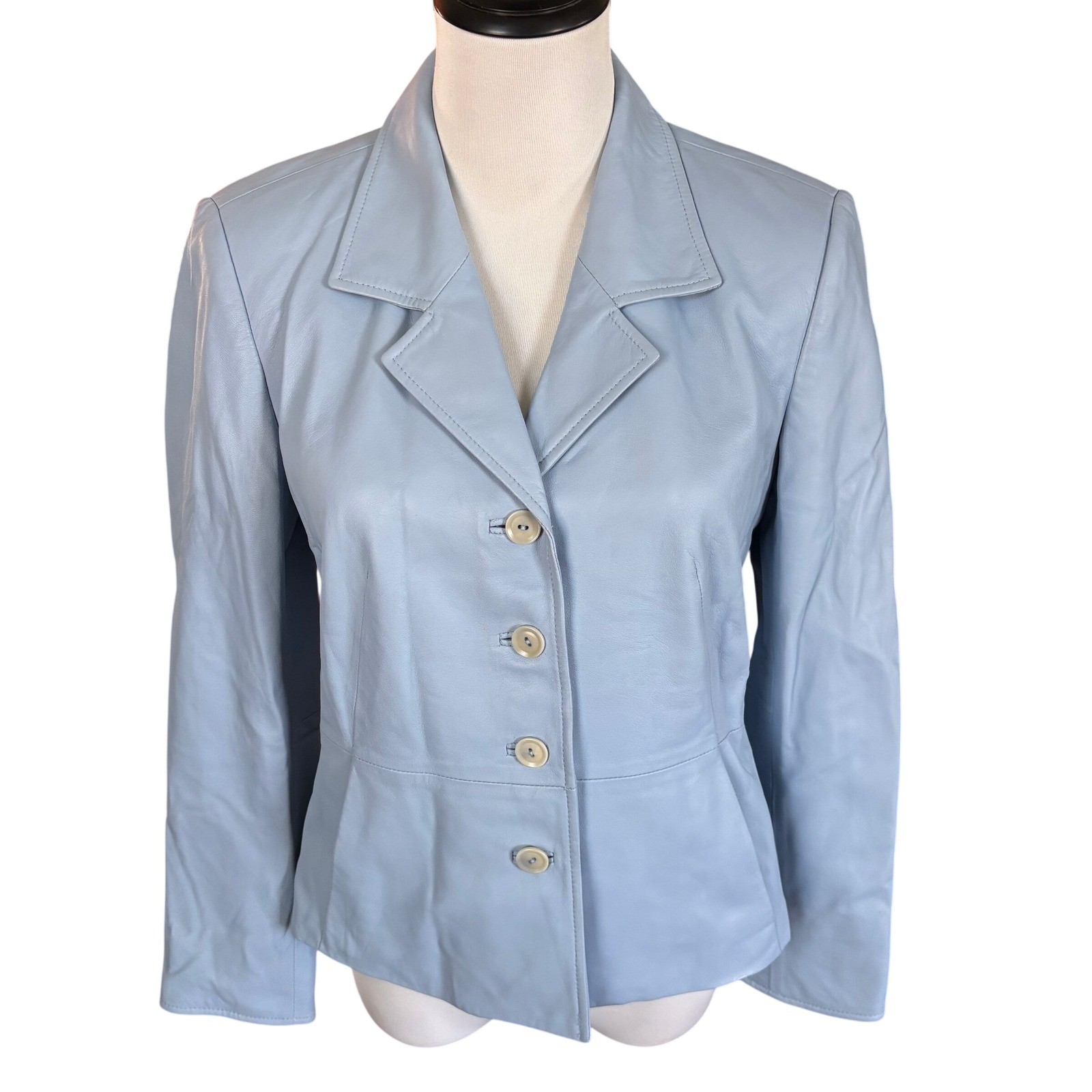 Talbots 100% Genuine Leather Powder Blue Blazer Size 4P Chic