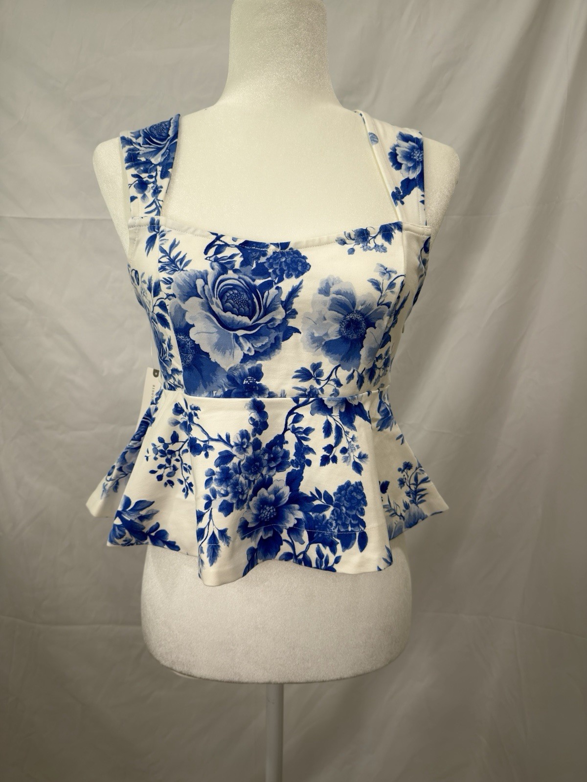 Maeve Blue/White Floral Square Neck Peplum Top Ruffle Sleeveless Wide Strap S