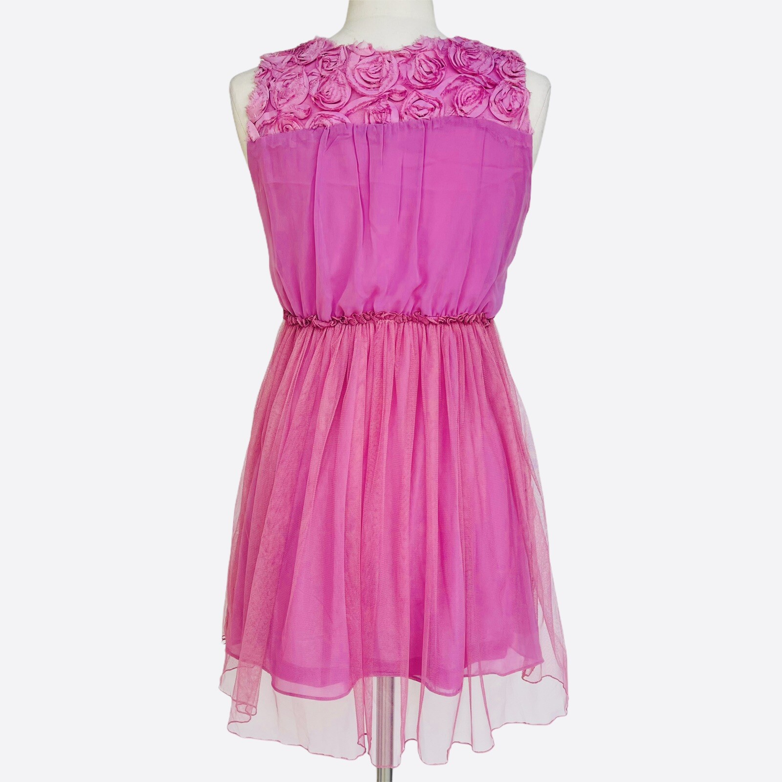 PRETTY ANGEL Short Dress Size S Barbie Core Pink Lace Tulle Pleated Sleeveless