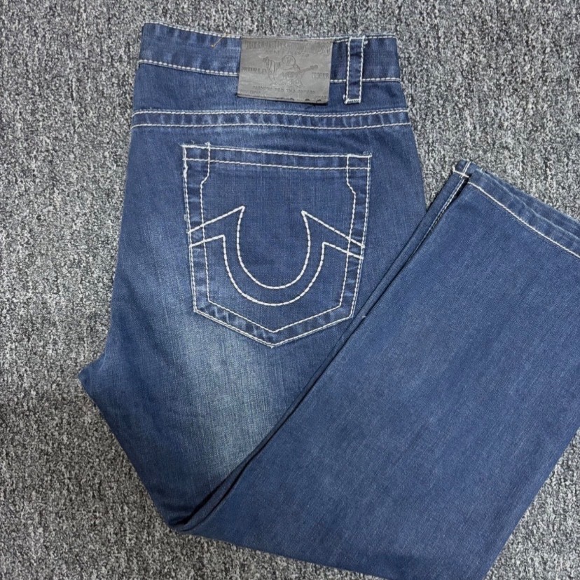 True Religion Men’s Straight Jeans | Blue Denim with White Stitching