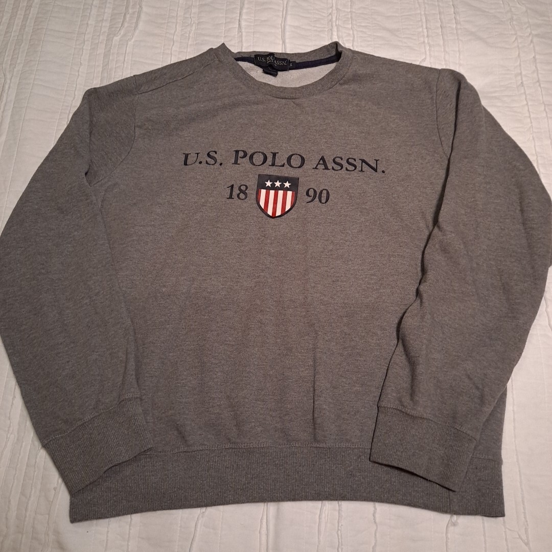 US Polo Assn Sweater Mens Large L Pullover Gray Retro American Flag Logo USA
