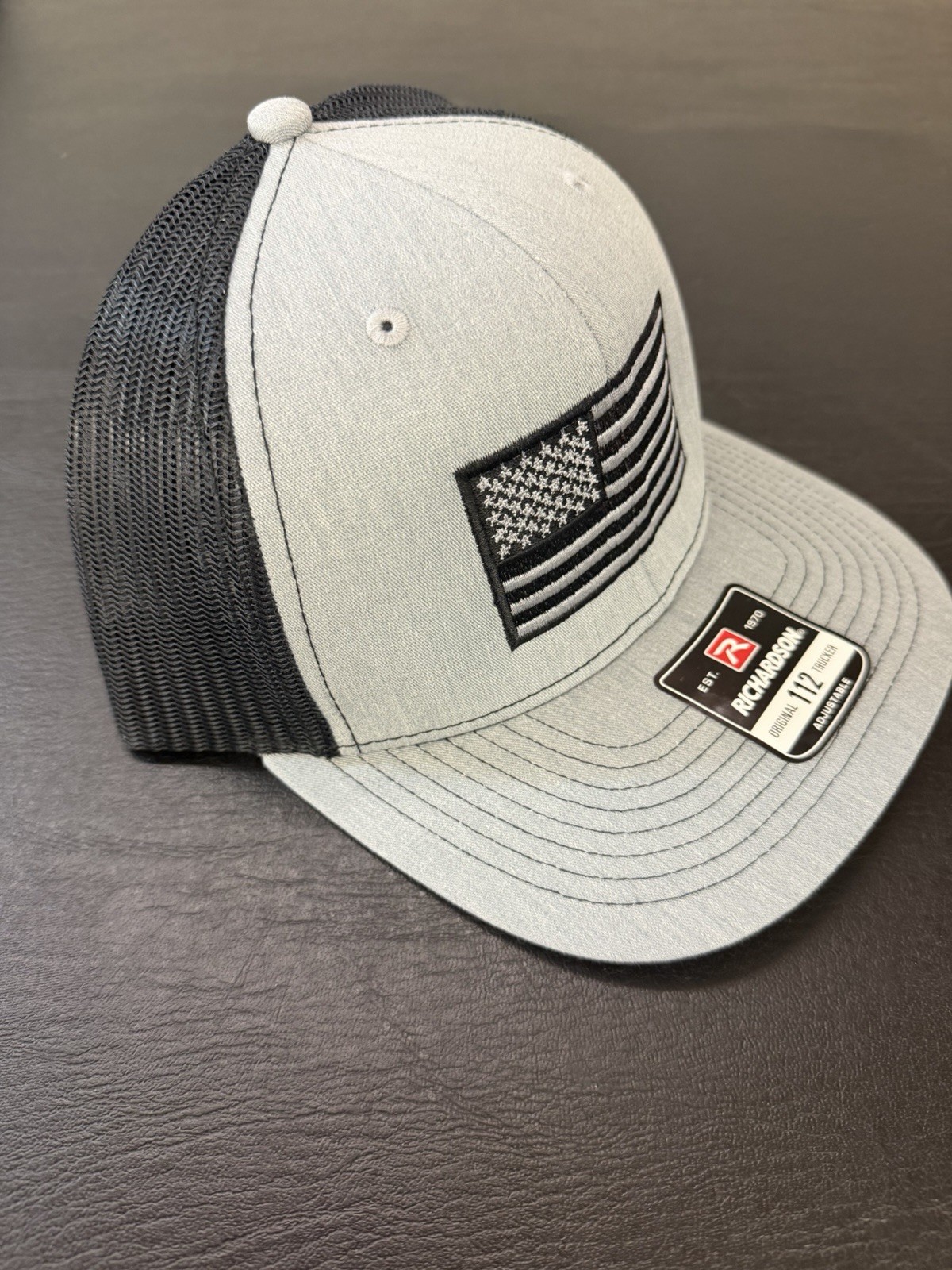 USA FLAG Tonal Embroidery Richardson 112 Heather Grey/Black Hat