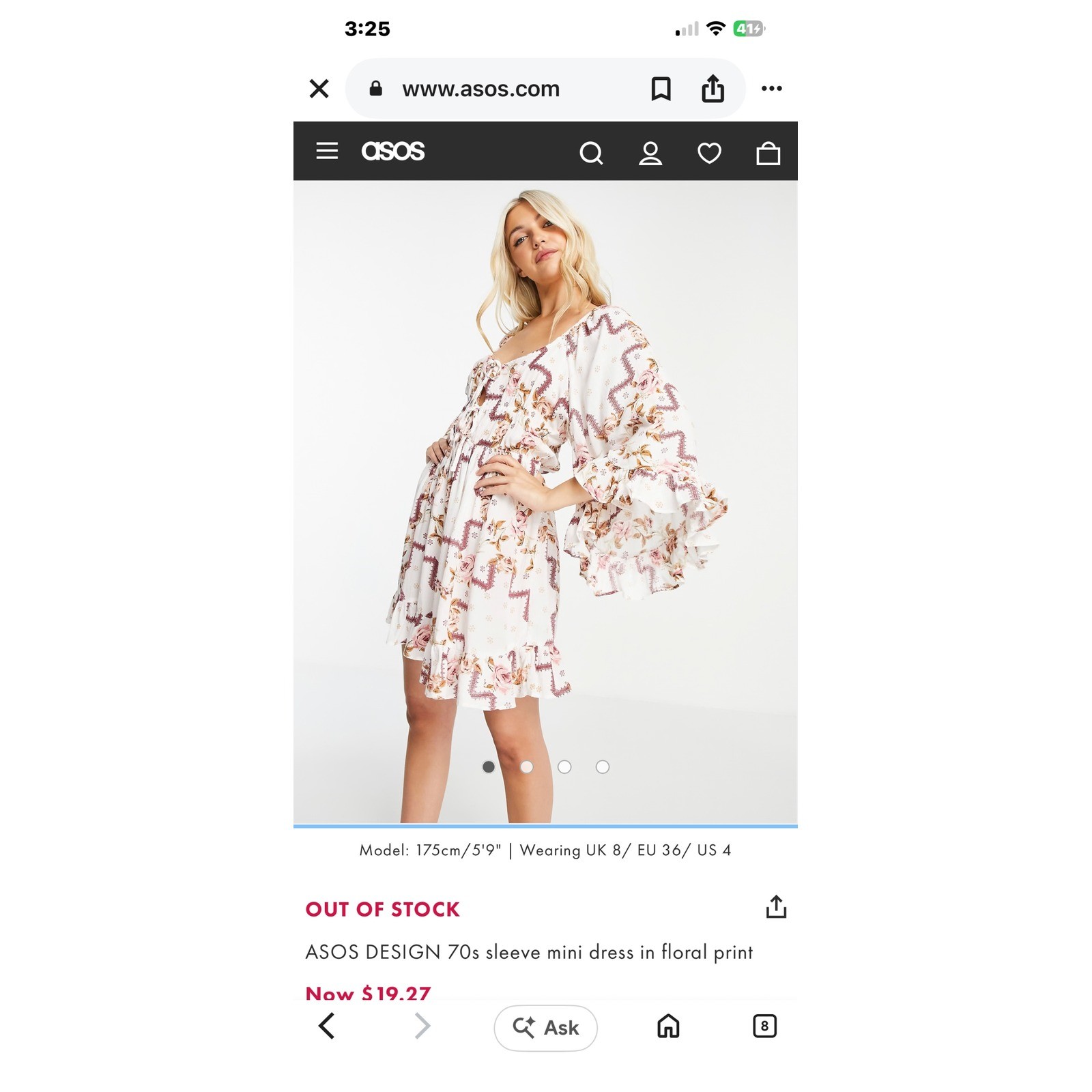 ASOS DESIGN 70s Sleeve Mini Dress Floral Print Boho Ruffle White Pink US 14