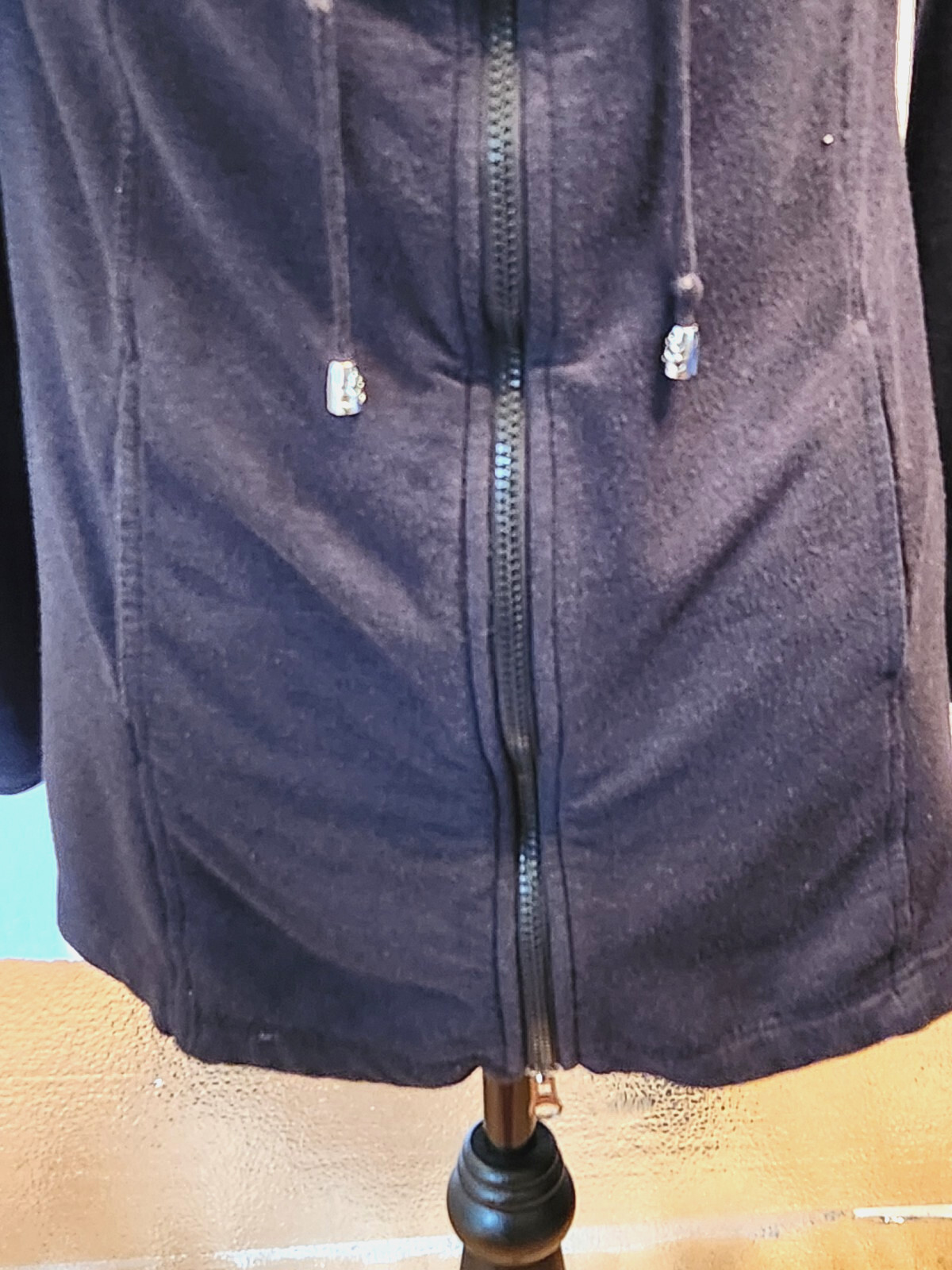 Womans Mode de Vie Long Charcoal Hooded Sweatshirt 2 Way Zip Up sz 8 Thumb Holes