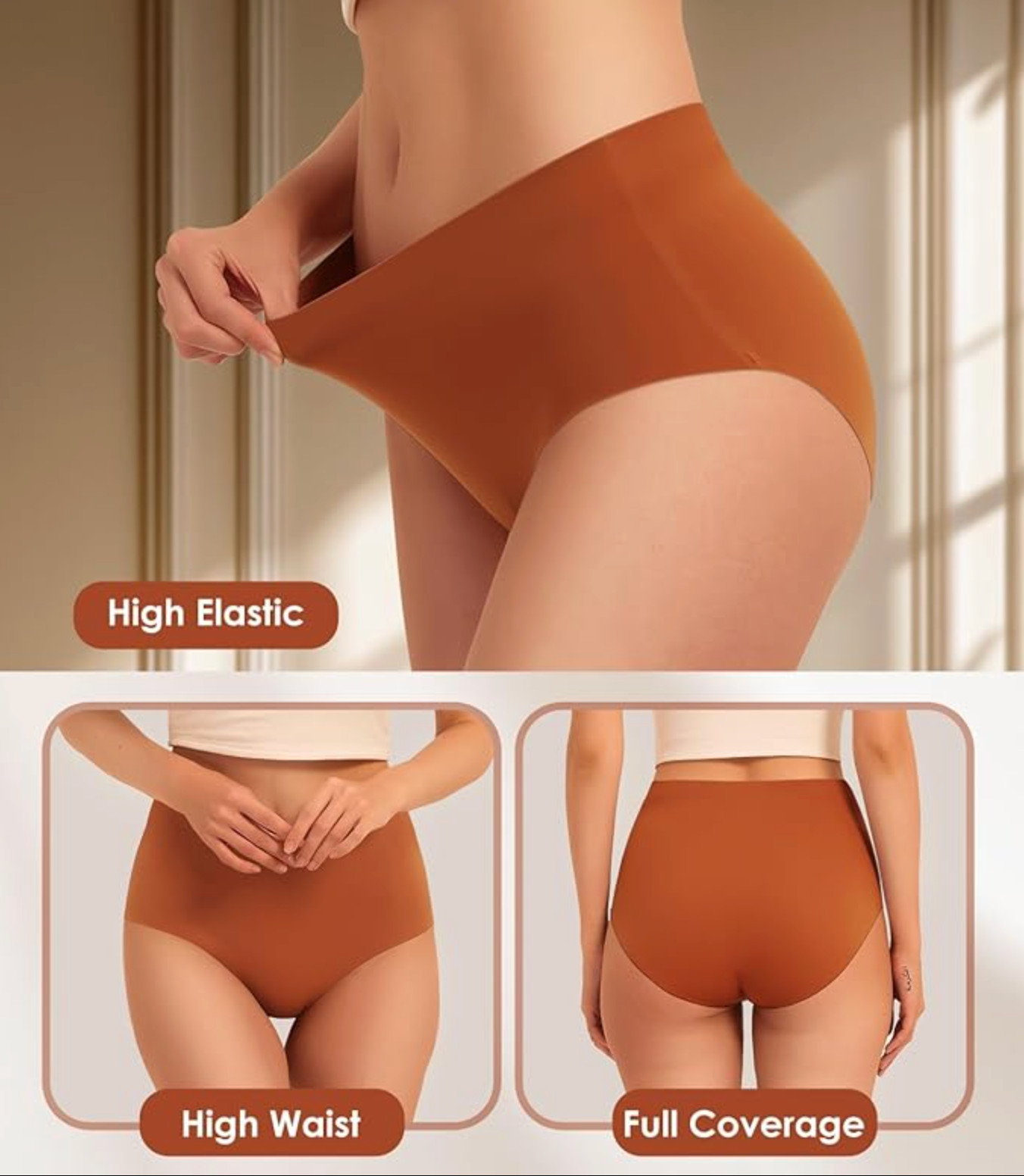 Seamless Womens High Waisted Underwear No Show Briefs Stretch Panties 6Pk