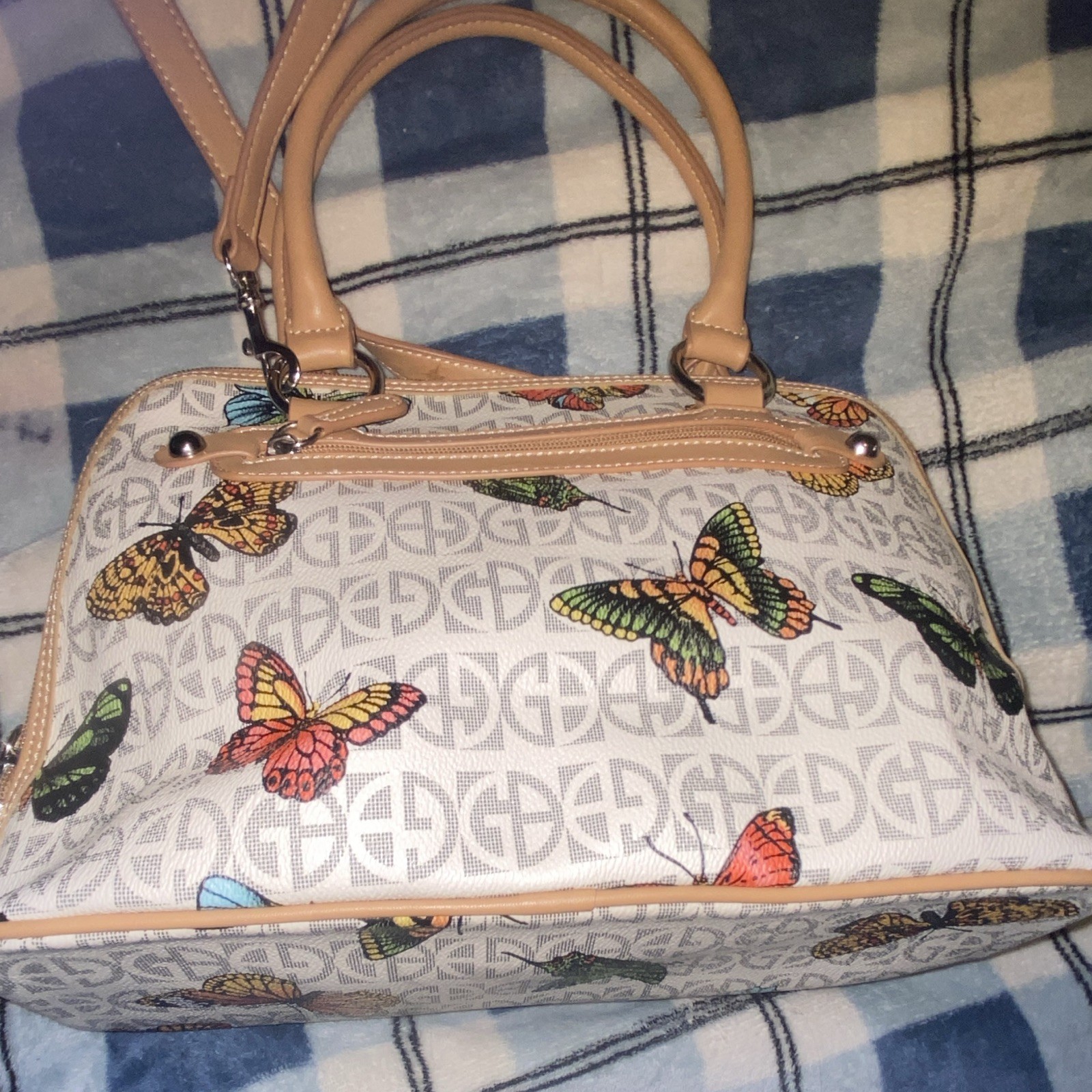 Giani Bernini Monogram Butterfly Medium Satchel Zip Top Handle Detach Strap