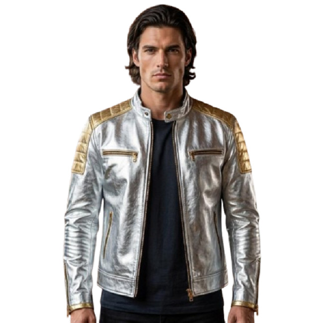 Leather Jacket Men’s Biker Motorcycle Style Men Genuine Real Racer Soft Silver 6
