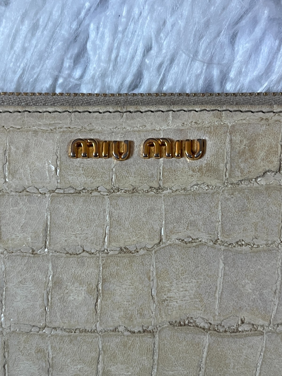 Miu Miu Beige Croc Embossed Zip Clutch Wallet