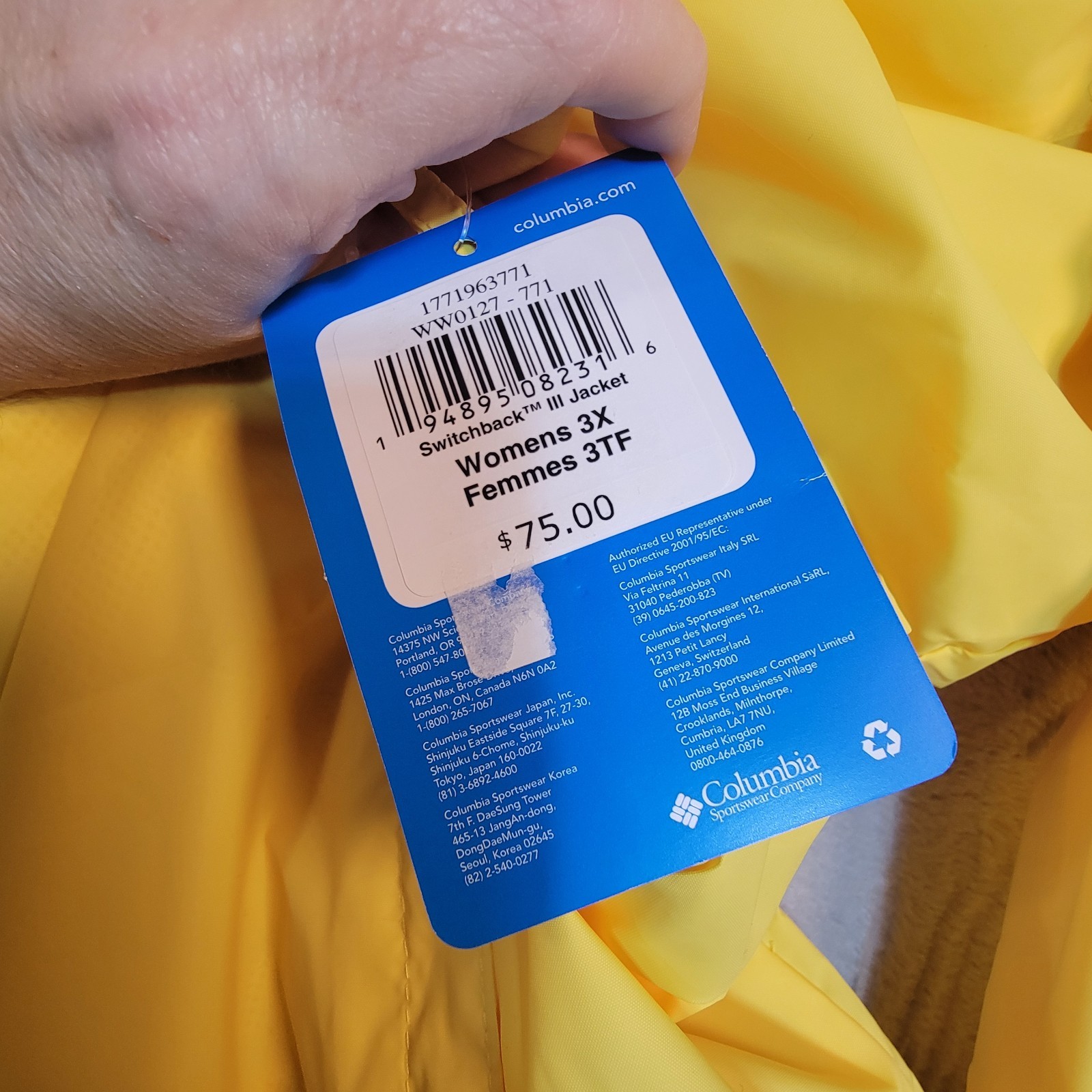 COLUMBIA Womens Switchback III Rain Jacket Lightweight Waterproof Yellow Size 3X