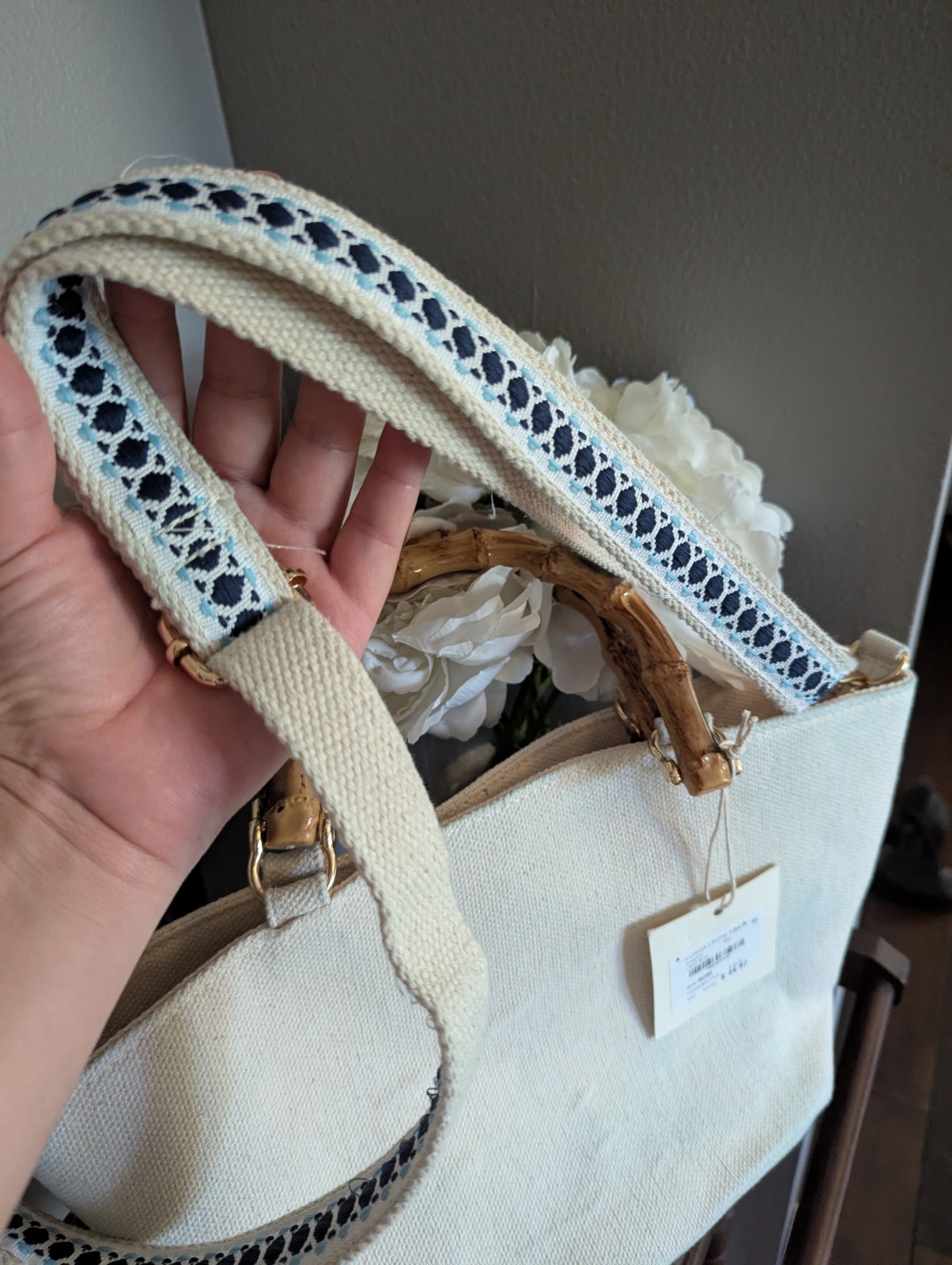 Soleil Mer Fish Embroidered Beaded Top Handle Bag Bamboo, Detachable Strap