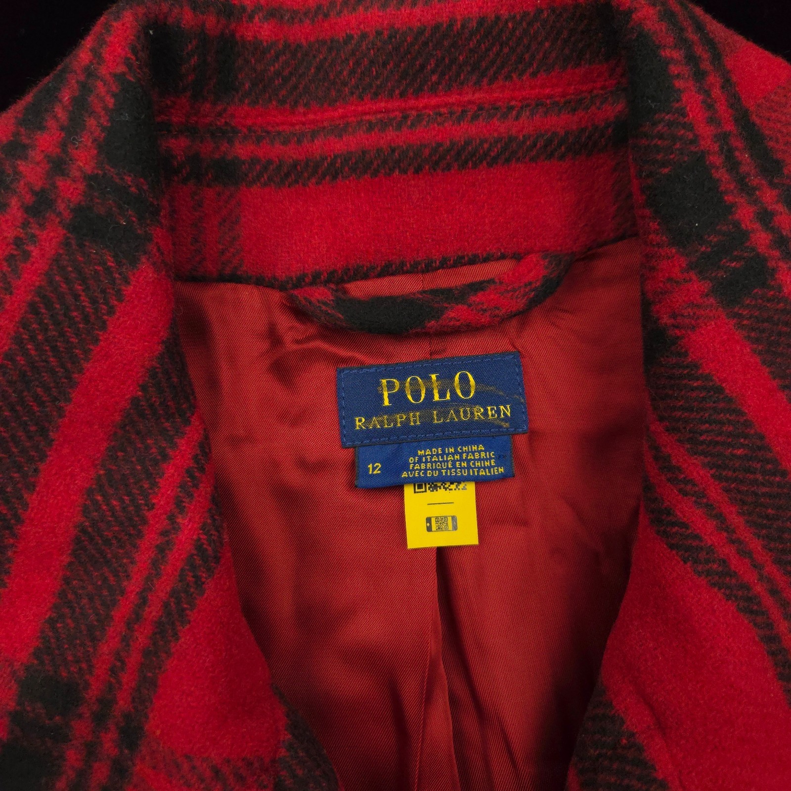 NEW Polo Ralph Lauren Womens Wool Jacket -12 Red Black Peacoat Flannel Coat $698