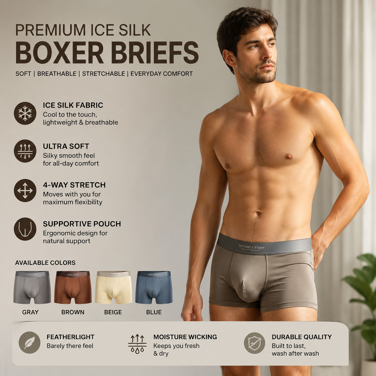 4PCS Men’s Ice Silk Underwear Breathable Boxer Shorts Seamless Satin Soft Briefs