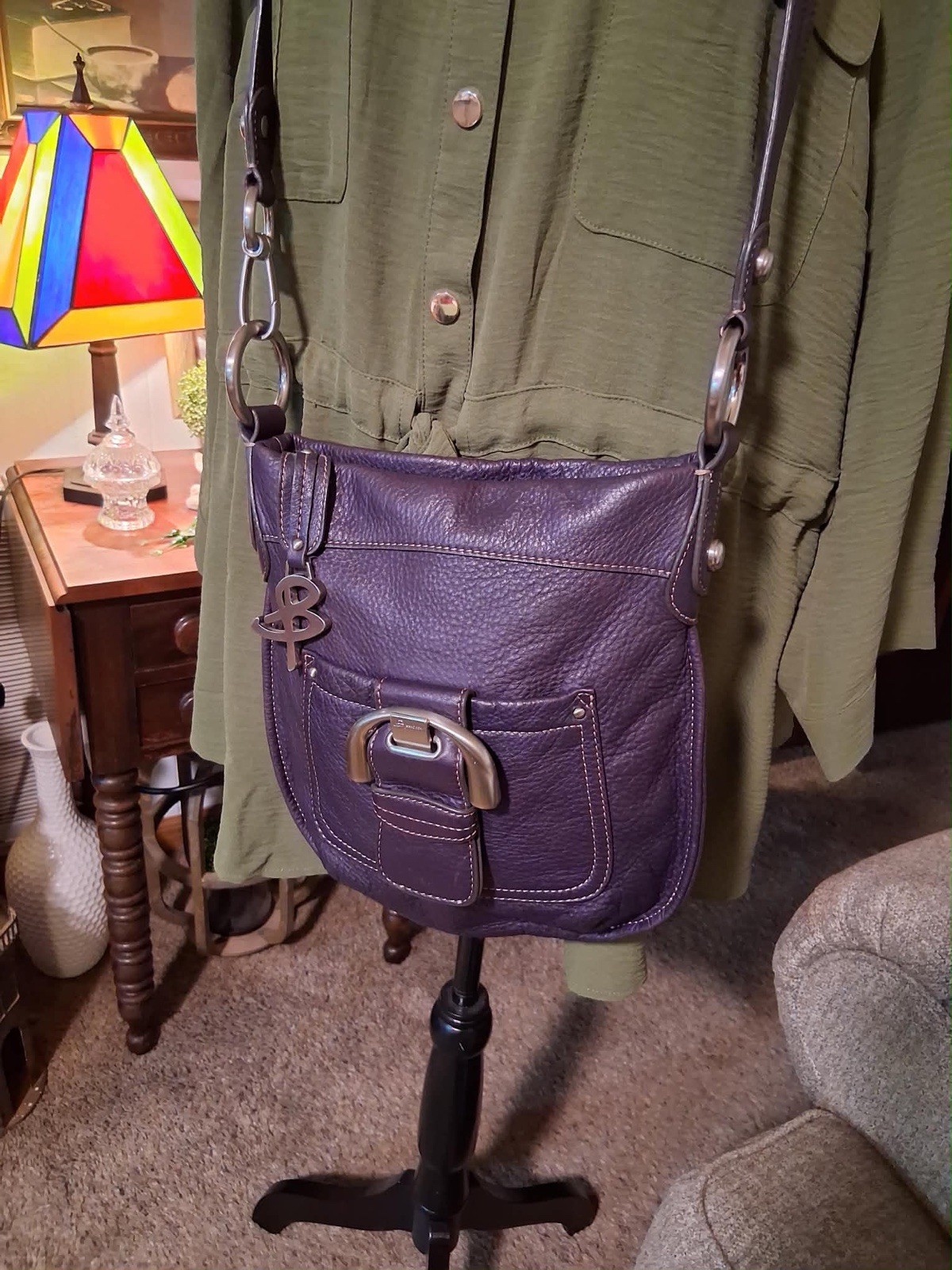 B. Makowsky Purple Soft Pebbled Leather Crossbody Animal Lining w Charm Silver