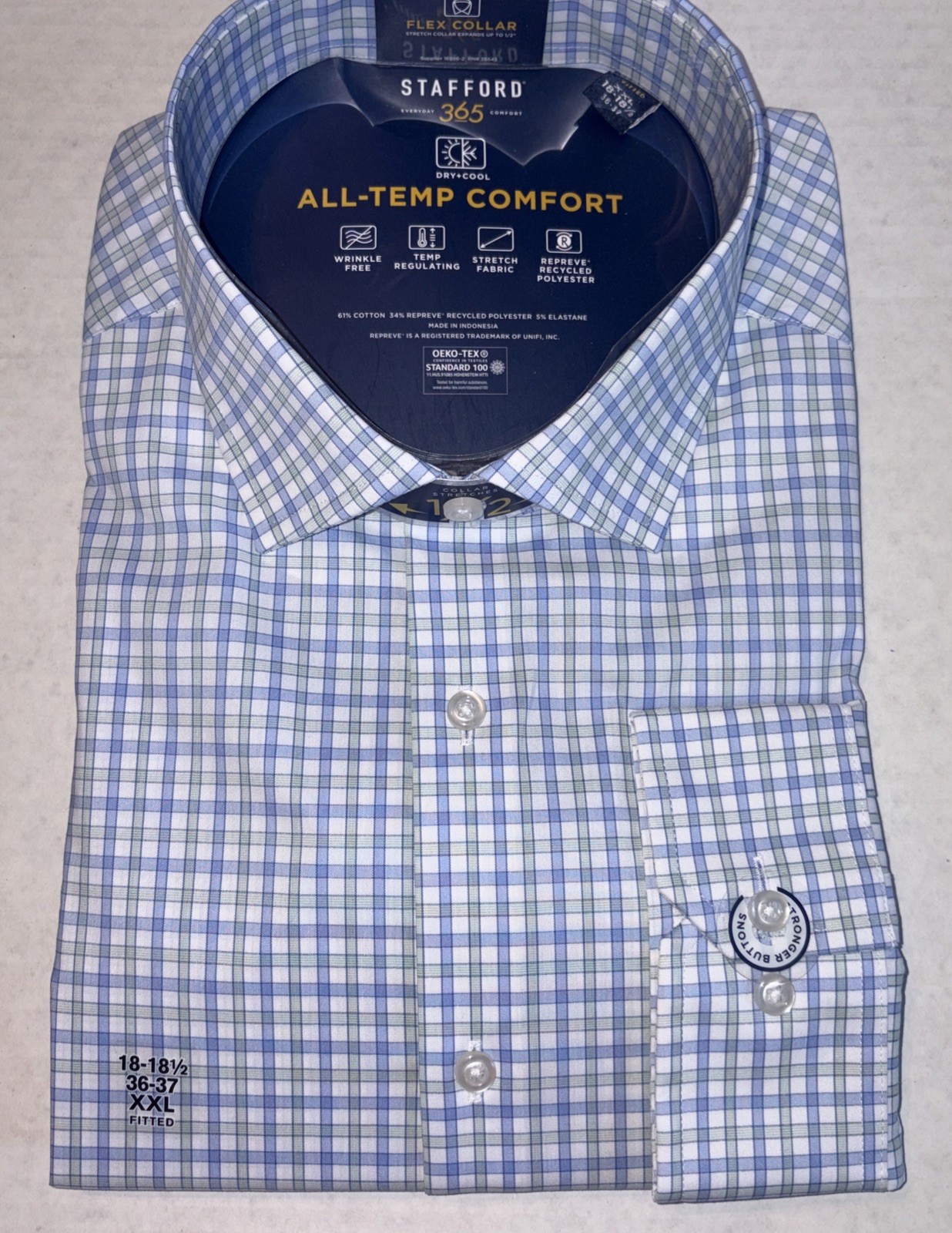 NWT – Men’s All-Temp Comfort Fitted Shirt Stafford 365 Blue/Green-18-18 1/2 XXL