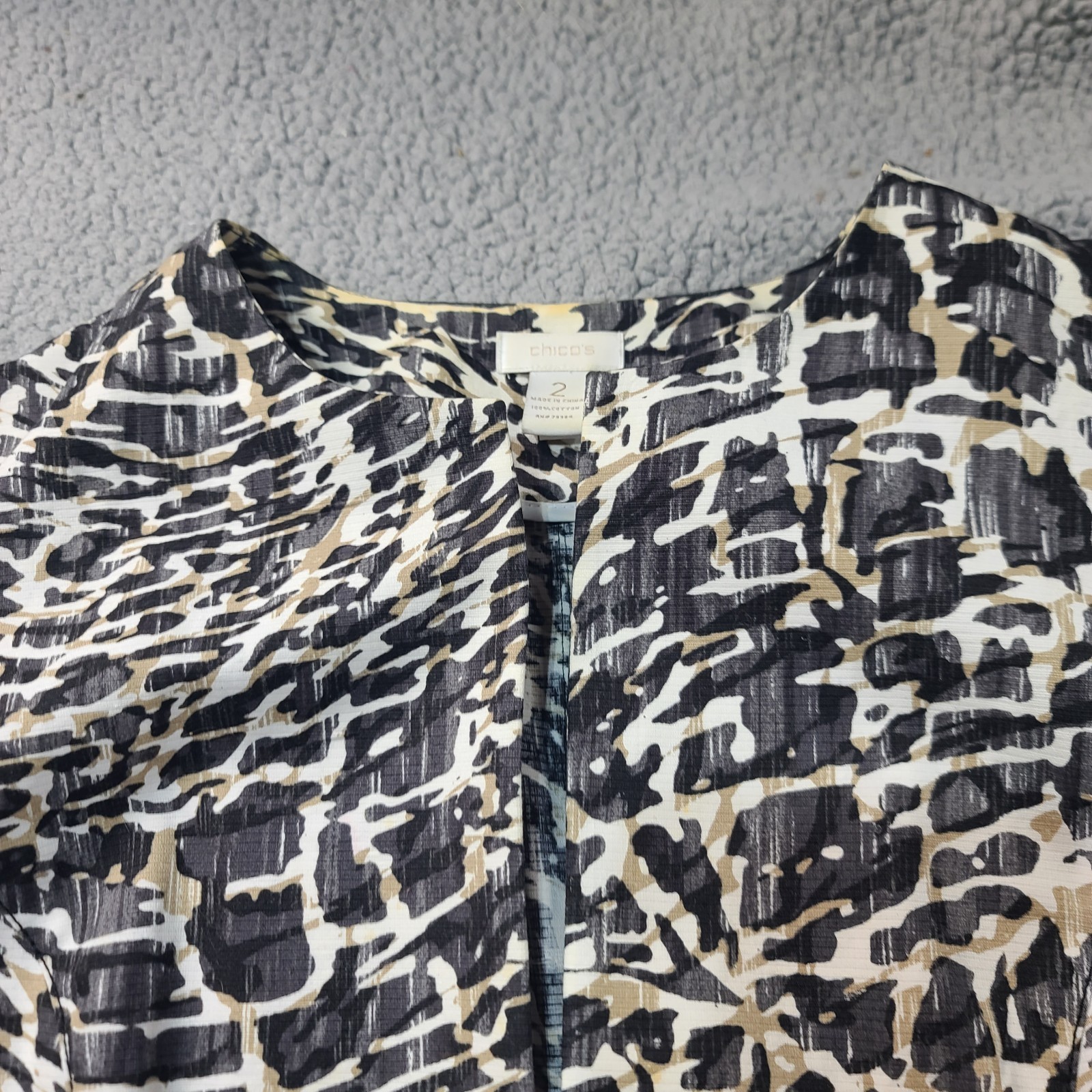 Chicos Womens LG 2 Open Front Jacket Blazer Abstract Animal Print Cotton Unlined
