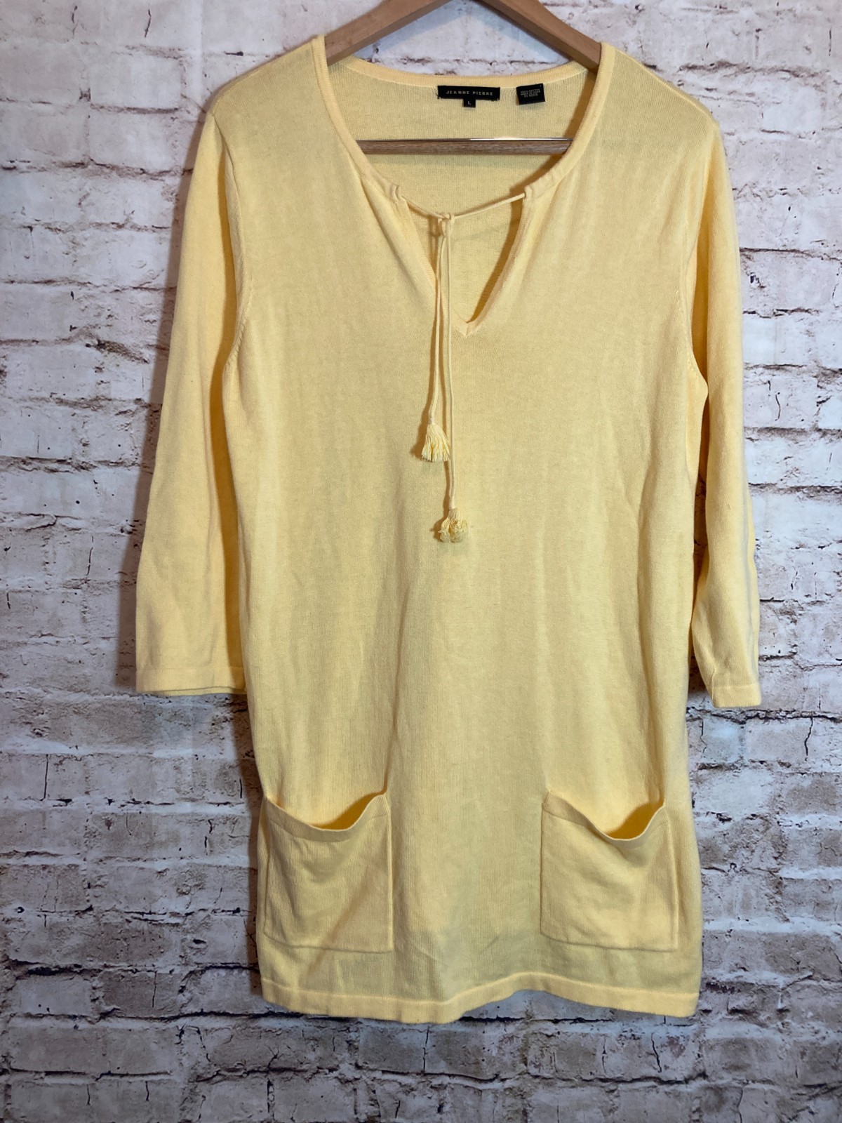 Jeanne Pierre Sweater Women Large Yellow Lightweight Tunic Length Beachy Tassels