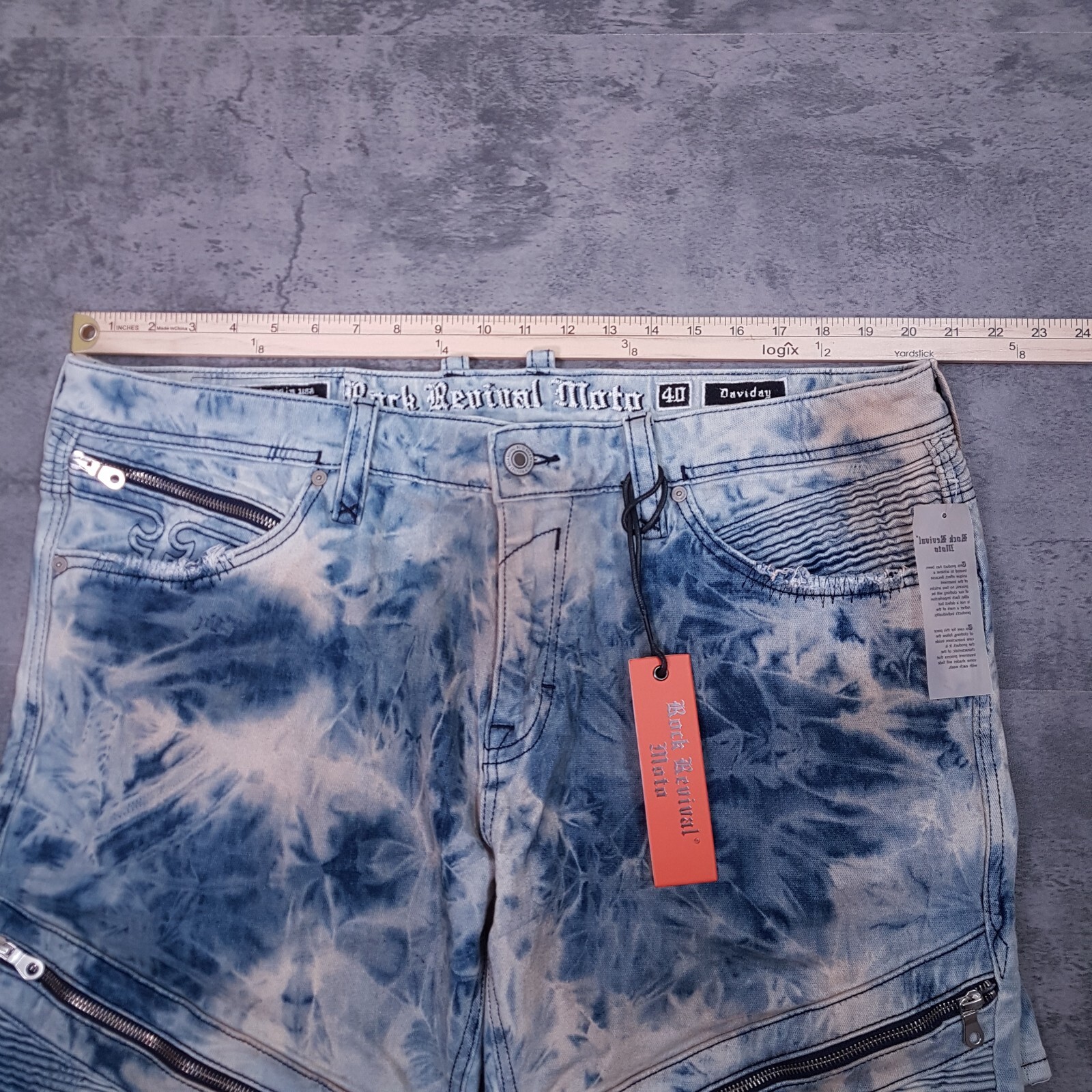 ROCK REVIVAL Daviday Moto Acid Wash Straight Distressed Jeans Mens Size 40×32
