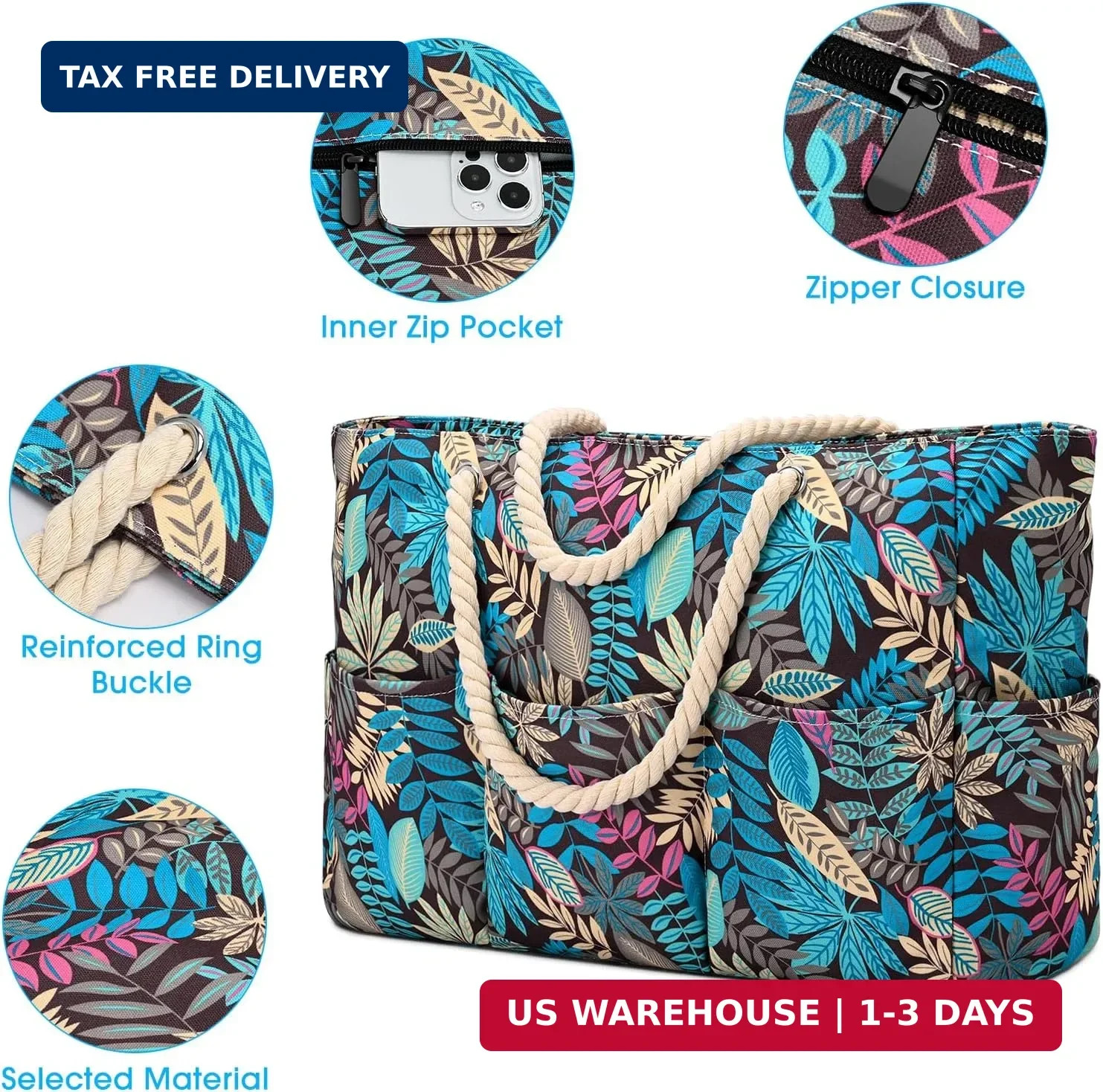 Becokan Beach Bags for Women Canvas Large Beach Tote Bag Zipper