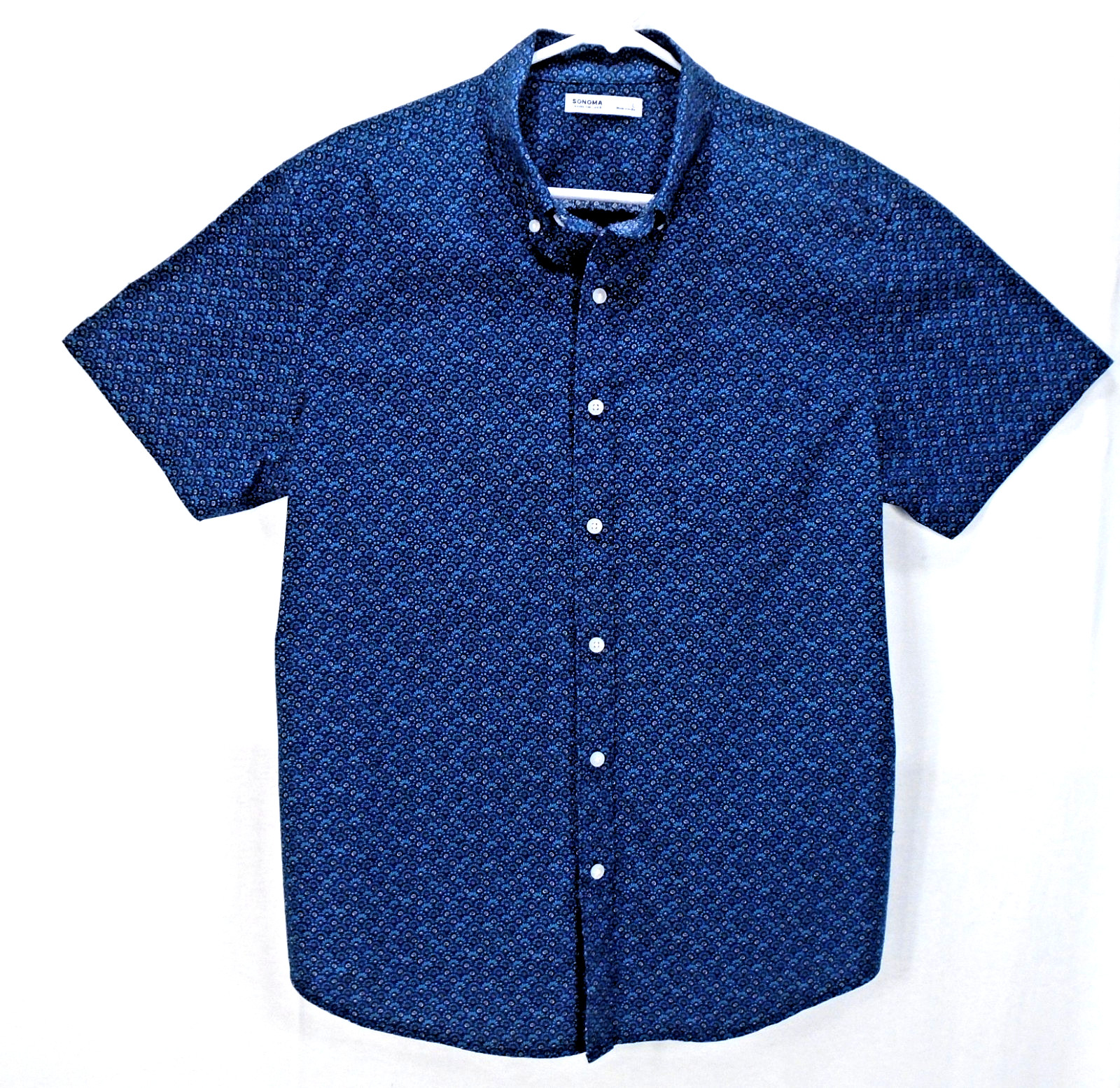 Sonoma Blue Geometric Mini Print Abstract Button Front Cotton Blend Shirt LG