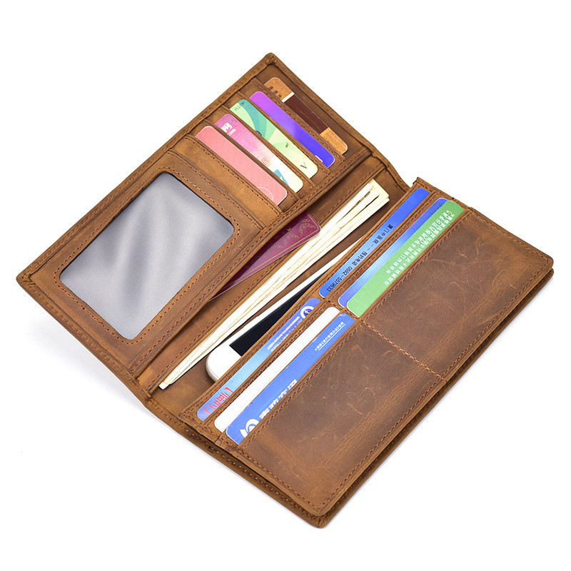 Mens Genuine Leather RFID Blocking Bifold New Brown Long Wallet Card Holder