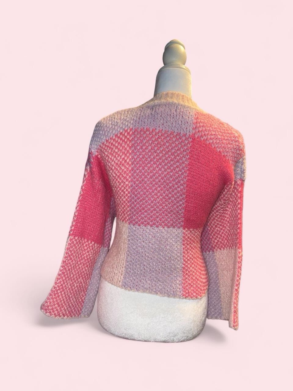 Jessica Simpson Women’s Pink Beige Purple Check Knit Crewneck Pullover XS