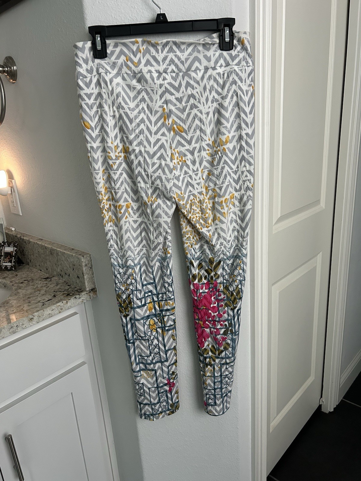Lisette Grey And White Chevron Straight Leg Pants W Pink Floral Border