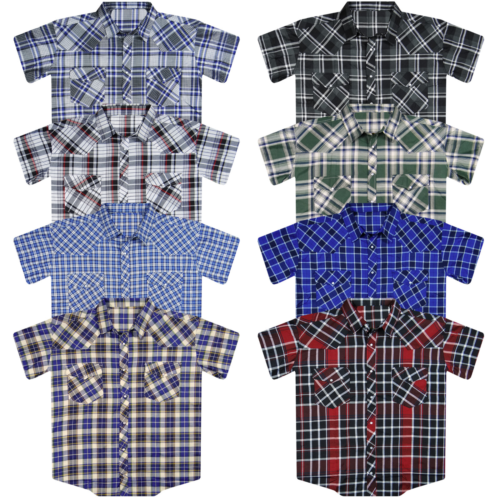 Plaid Western Shirt Mens Short Sleeve Snap Up Pockets New Colors Big 3XL 4XL 5XL
