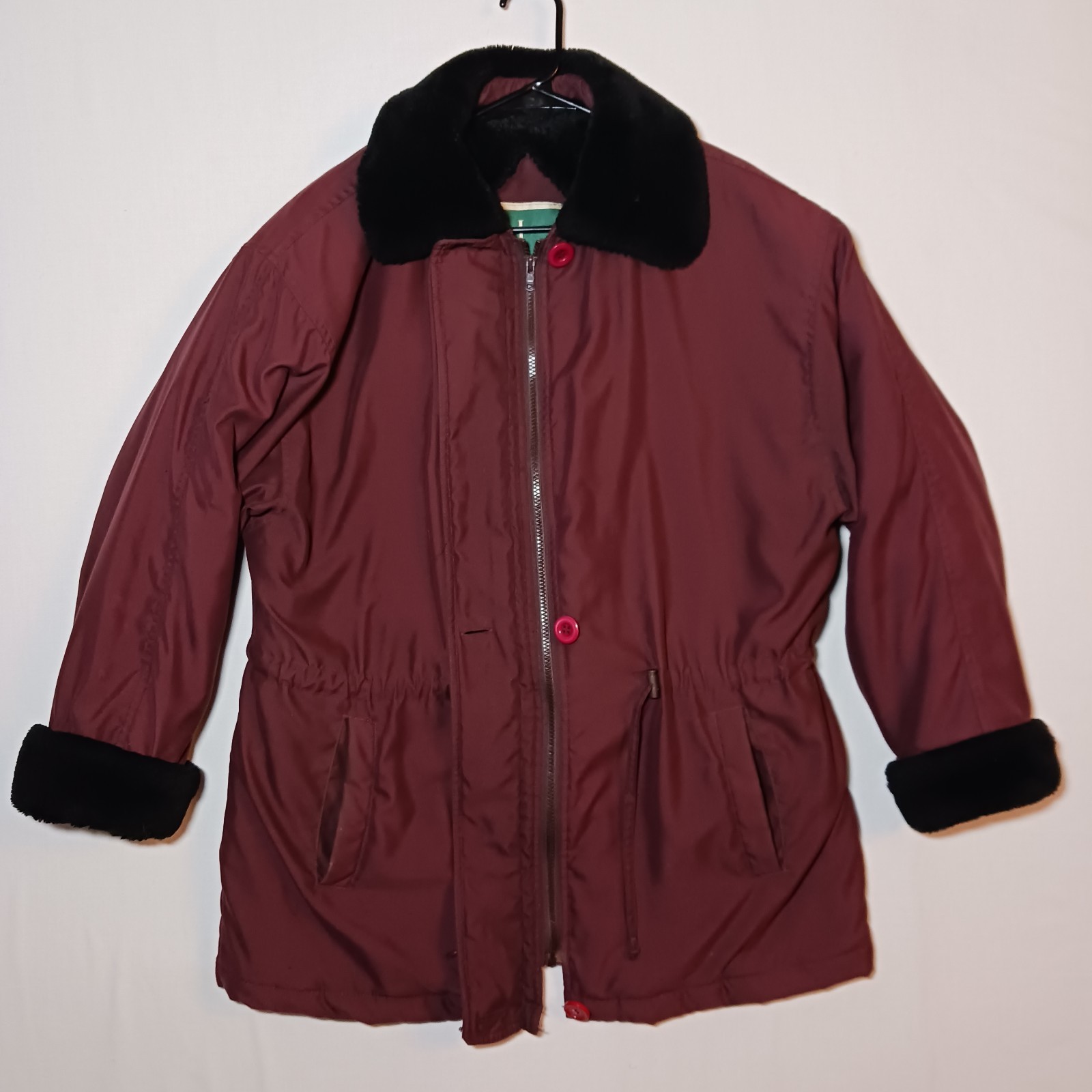 Vintage Larry Levine Womens Microfibre Coat Medium Burgundy Faux Fur Trim