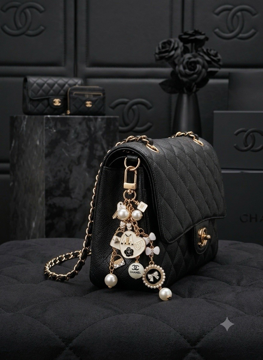 🎀🛍️Chanel Gold White Logo Bow & Bag Pearl Rhinestone Charm Keychain🛍️🎀