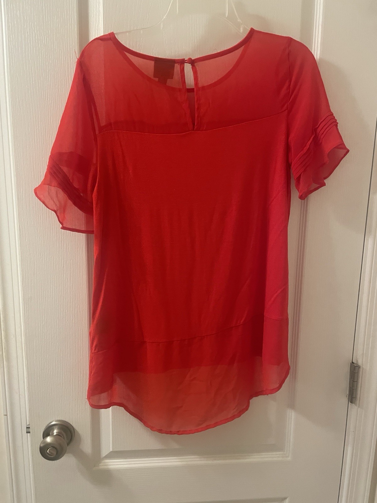 Worthington Vibrant Coral Sheer Sleeve And Bottom Blouse Career Date night
