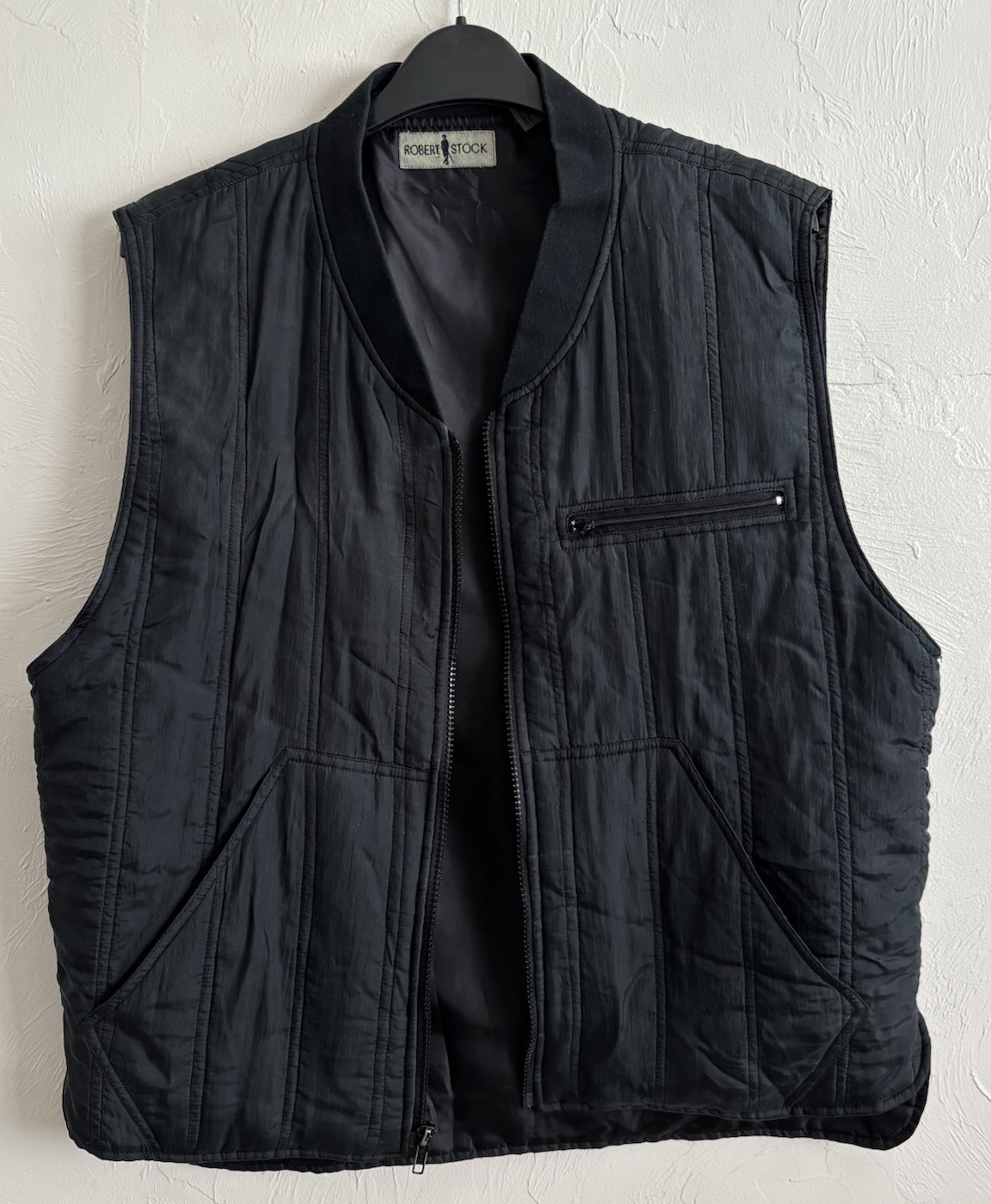 Robert Stock Men’s Black 100% Silk Nylon Lined Quilted Zip Vest Size S