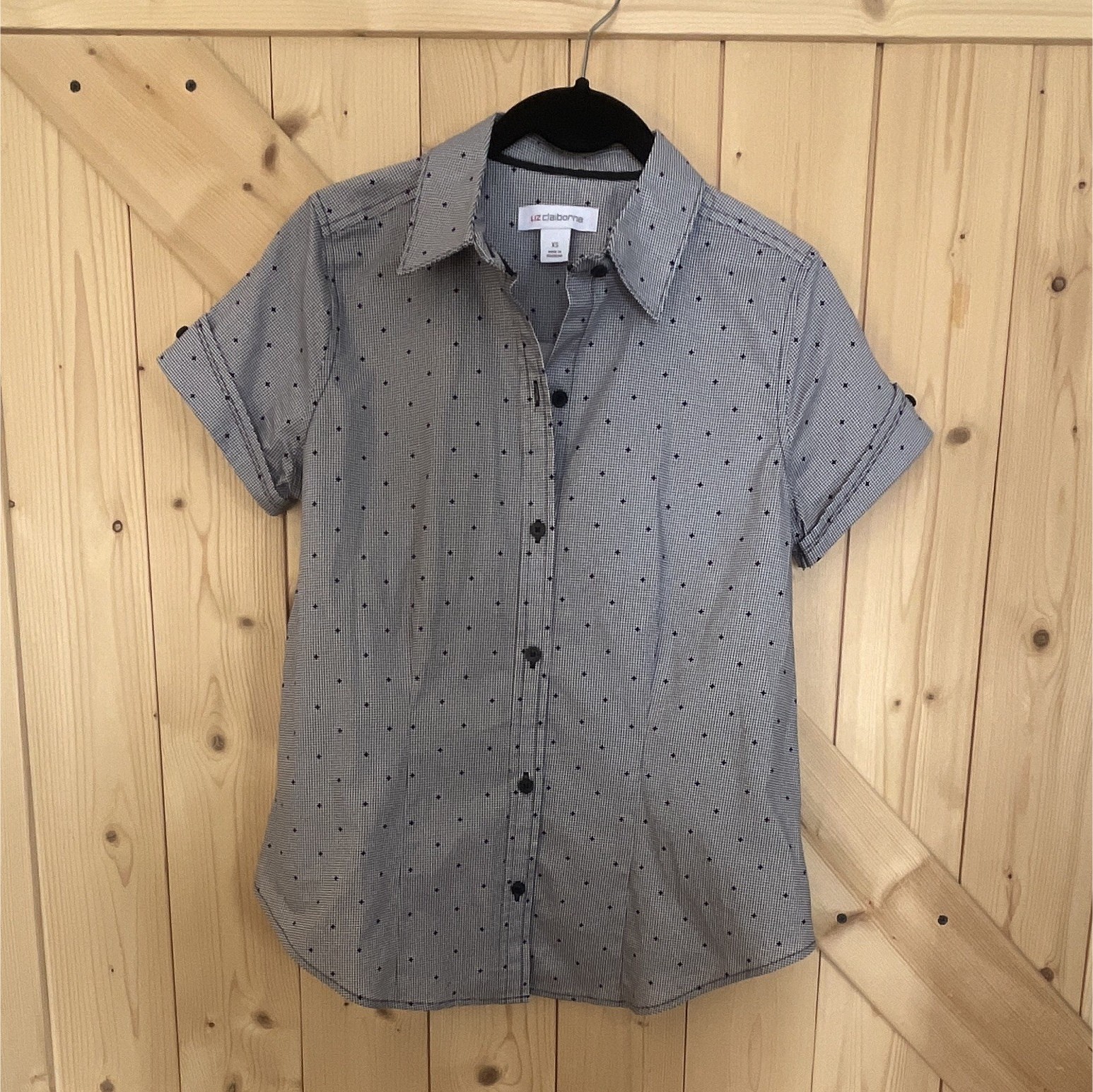 Liz Claiborne Women’s XS Black & White Polka Dot Short Sleeve Button-Up Shirt