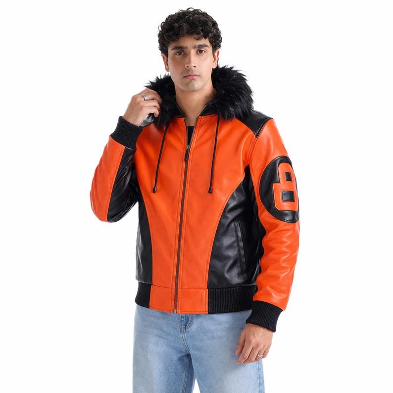 8 Ball Hooded Leather Jacket | 8 Ball Orange Leather Jacket