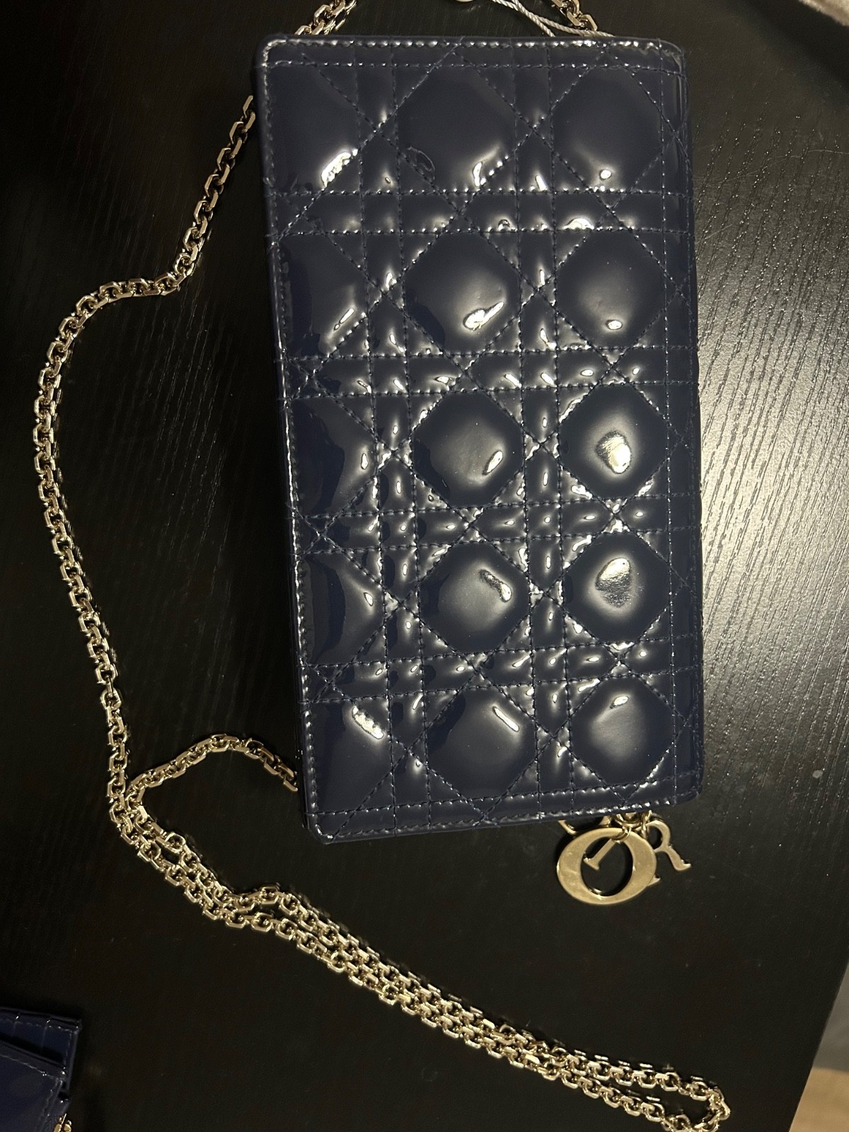 Christian Dior Lady Dior Cannage Patent Leather WOC Chain Bag Navy Blue