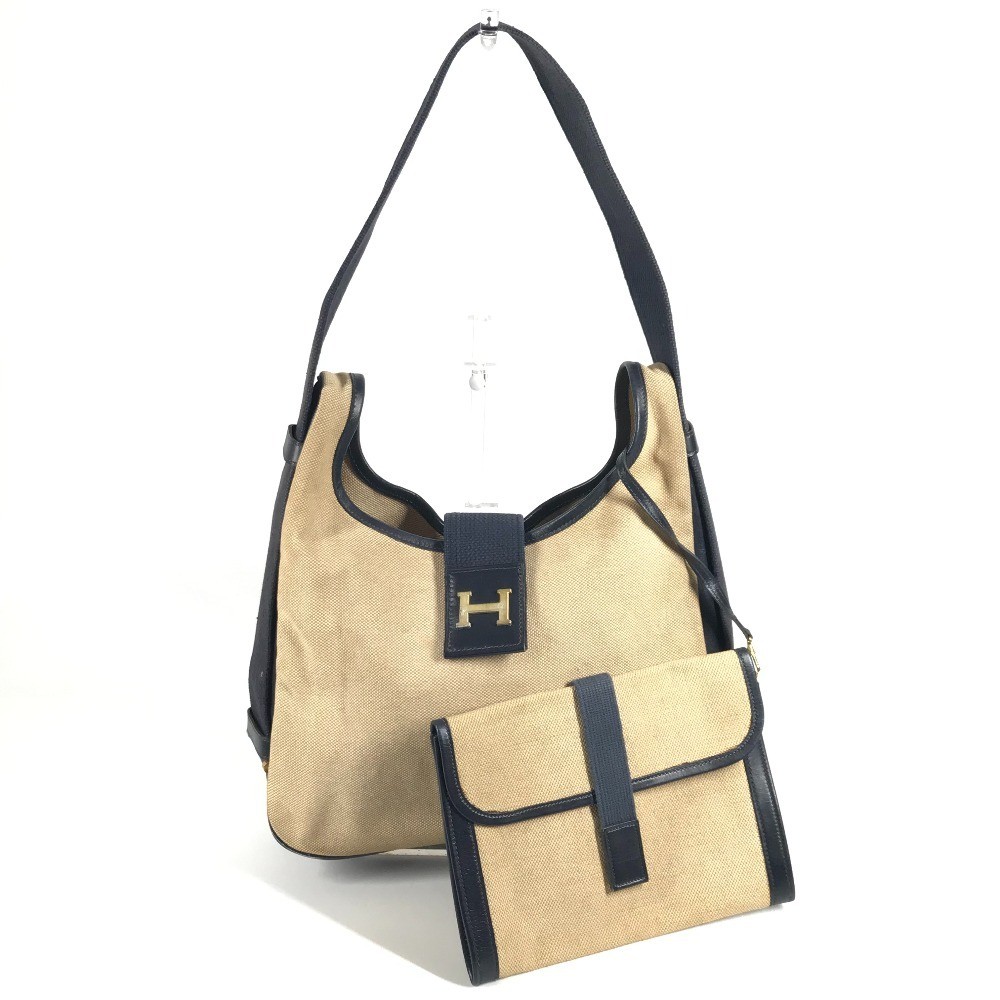 HERMES vintage Sako Shoulder bag with pouch Leather/Canvas Beige/Navy
