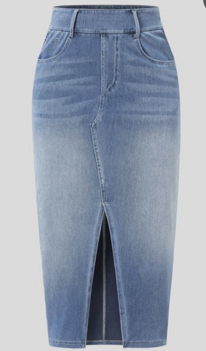 Halara Blue Gray Denim High Rise Pencil Midi Skirt Stretch Pockets Slit S