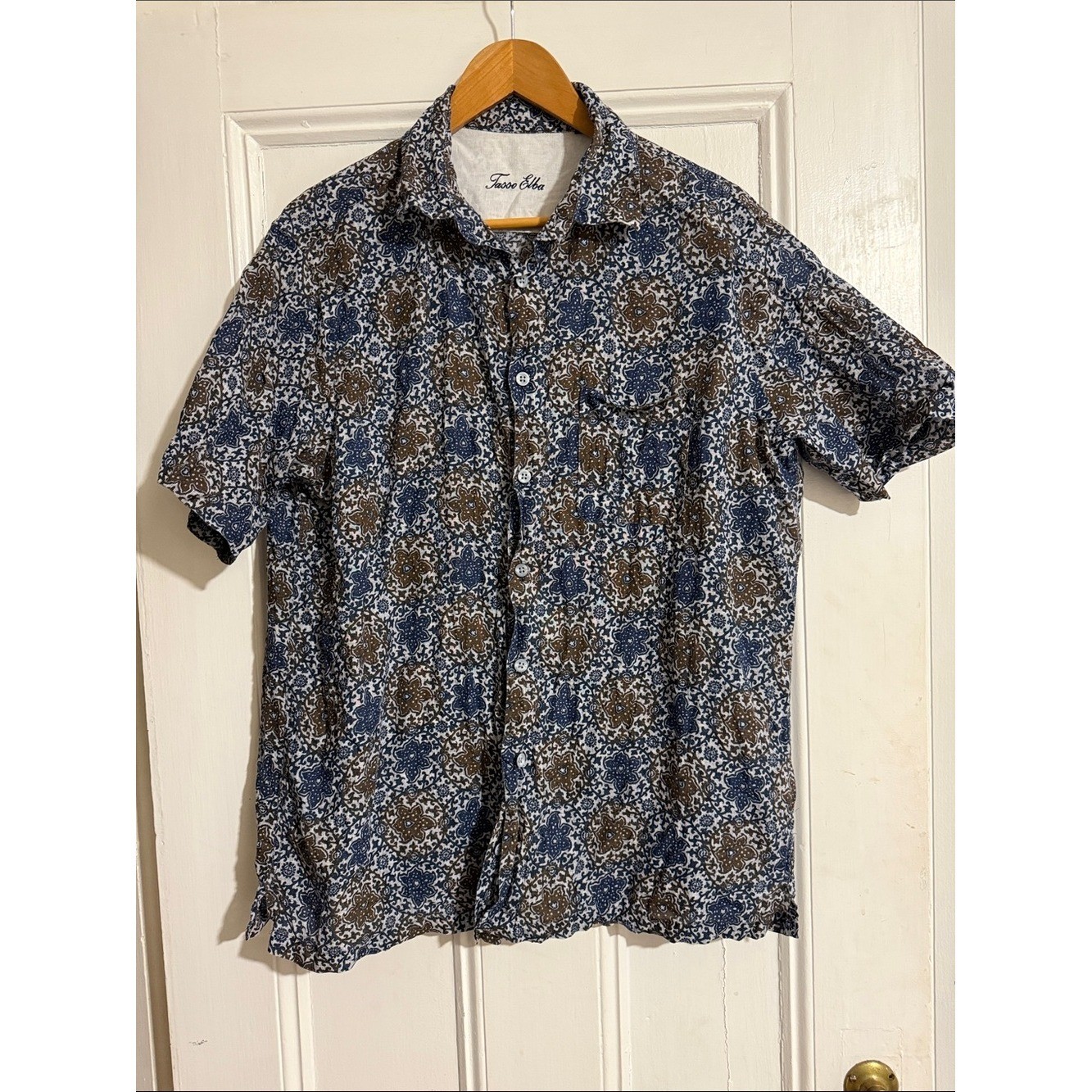 Tasso Elba Men’s 100% Linen Short Sleeve Button Down Shirt Blue Brown Paisley L