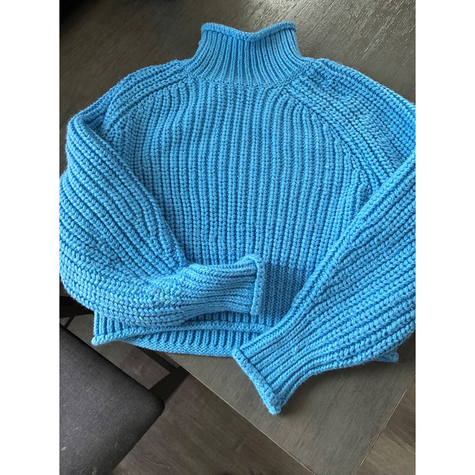 H&M Blue Chunky Ribbed Knit Mock Neck Wool Blend Sweater Size M