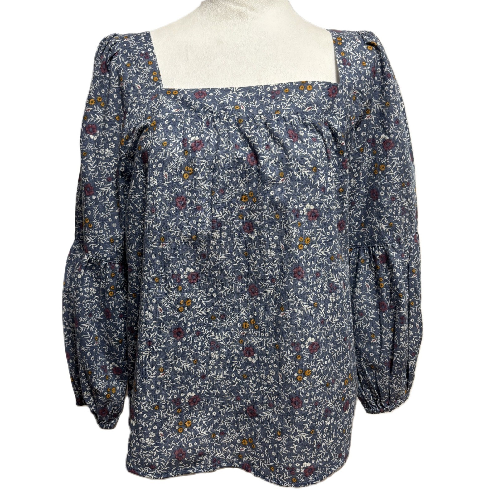 a.n.a Blouse Blue Floral Cotton Puff Sleeve Square Neck Boho Cottage Peasant M