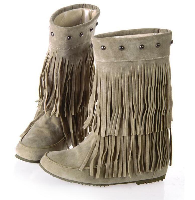Fringes Womens Rivet Tassel Round Toe Hidden Wedge Mid Calf Boots Pull on Shoes
